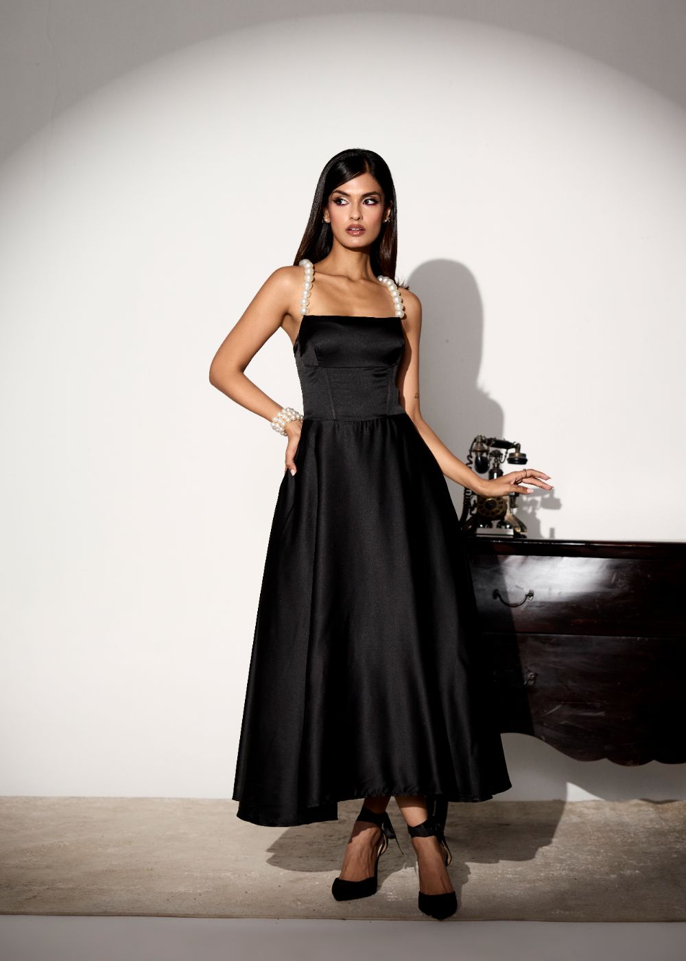 Vivienne Black Pearl Midi Dress