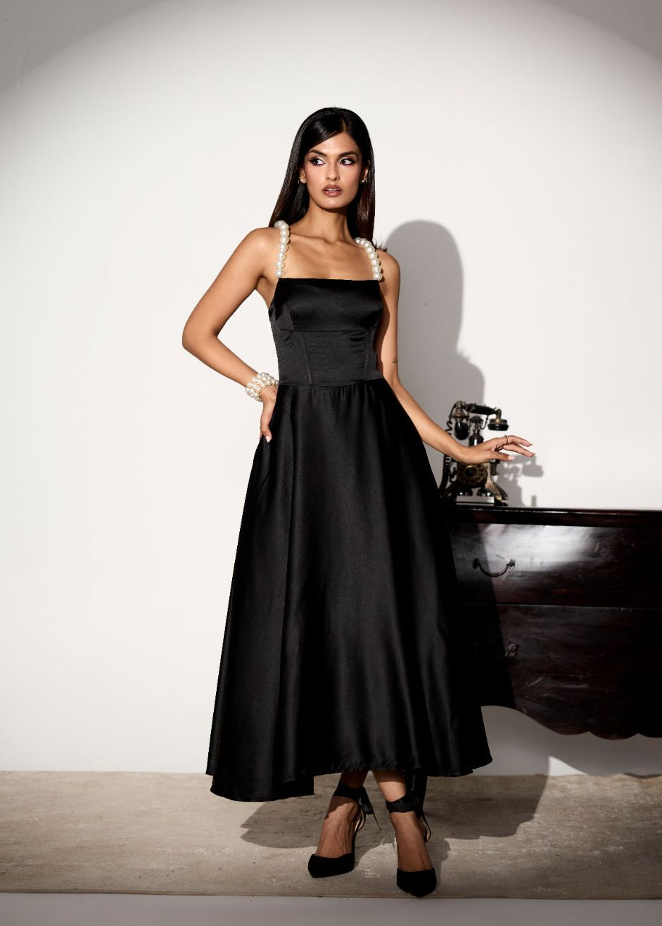 Vivienne Black Pearl Midi Dress