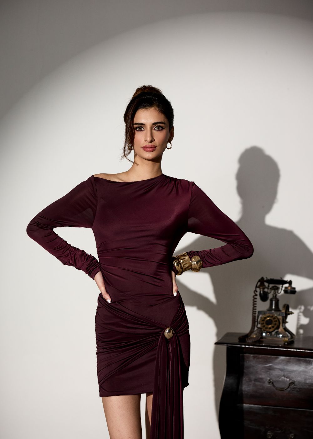 Cordelia Brown Embellished Drape Mini Dress