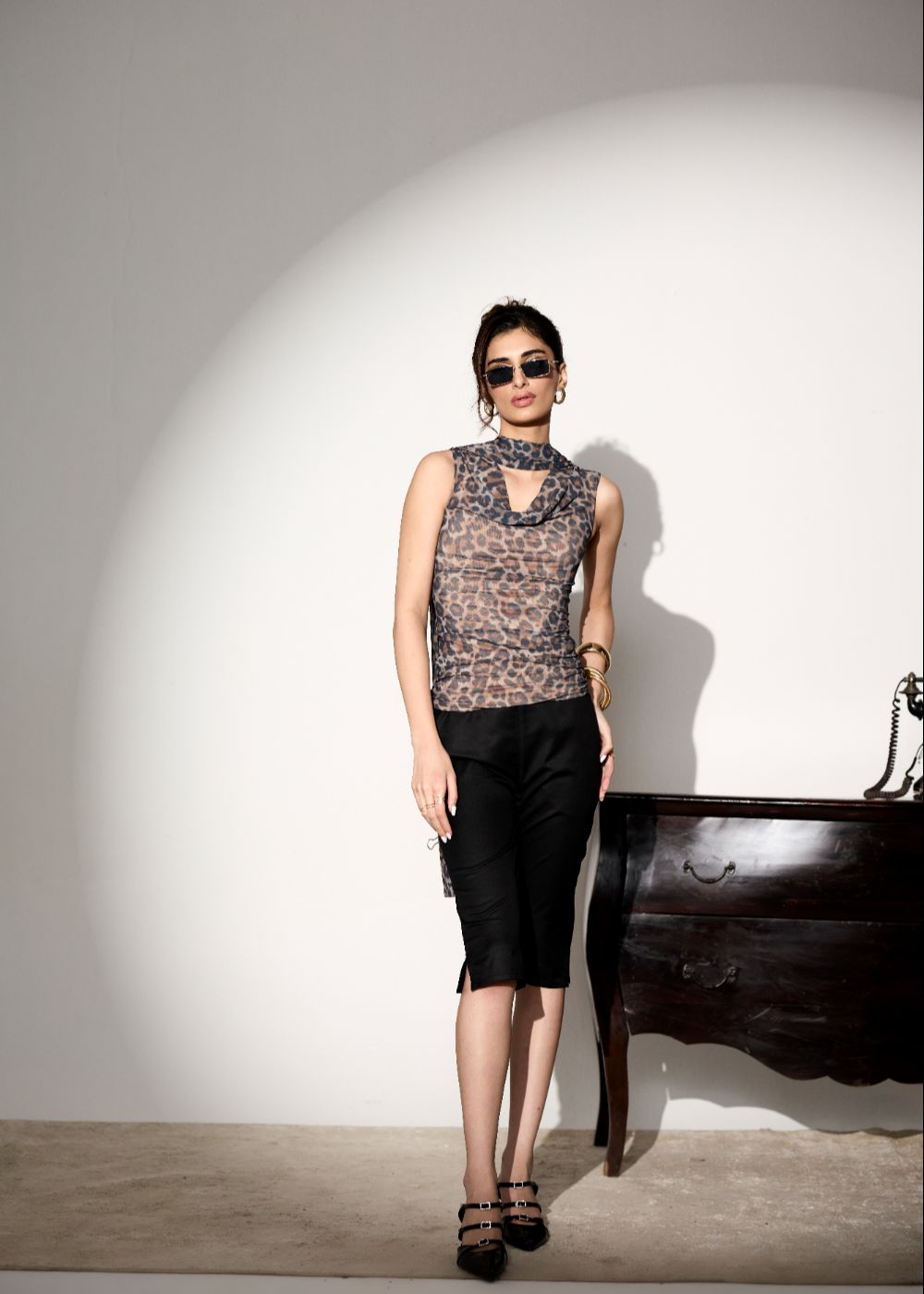 Valencia Leopard Mesh Top with Scarf