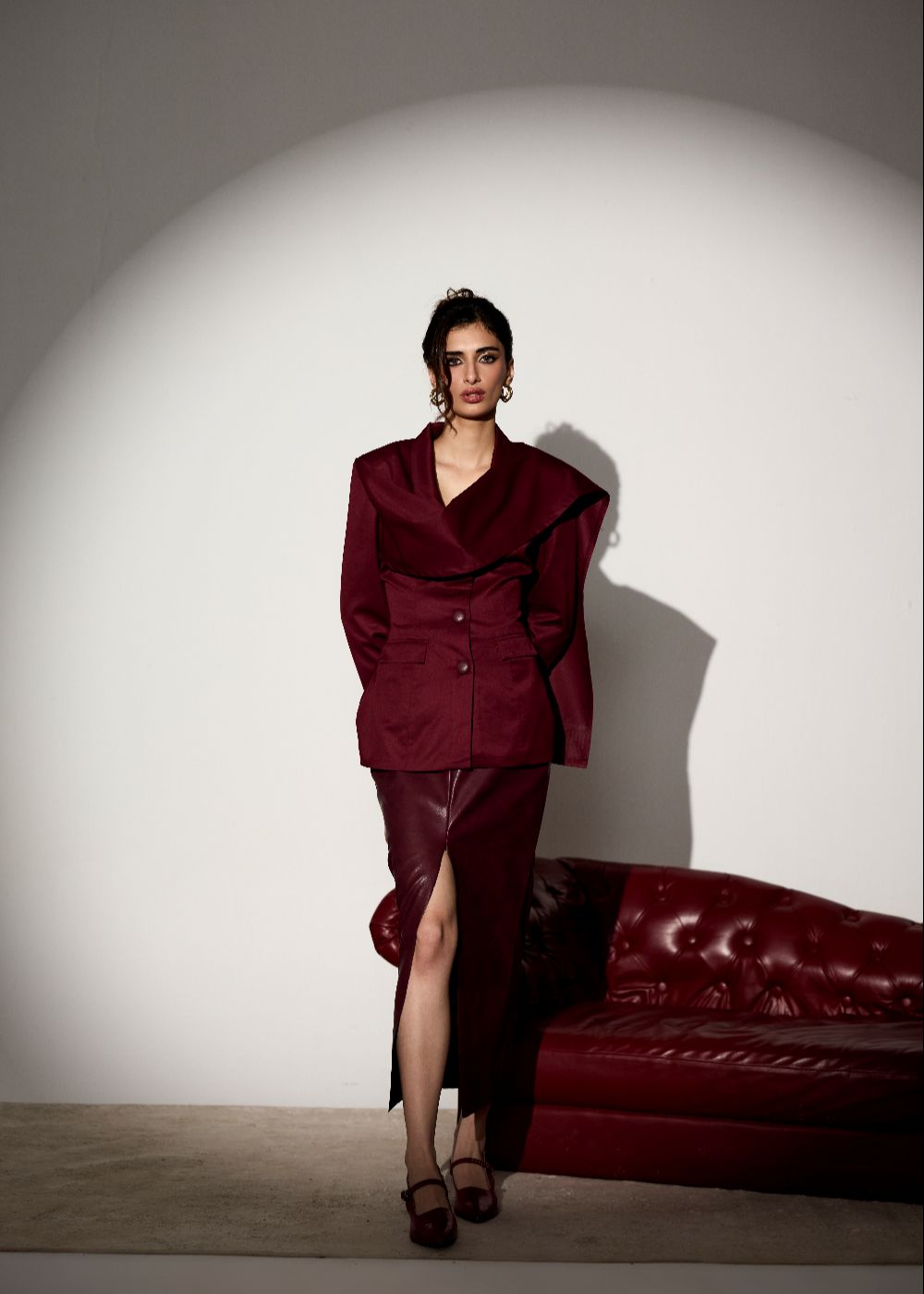 Carmella Cherry Faux Leather Midi Skirt