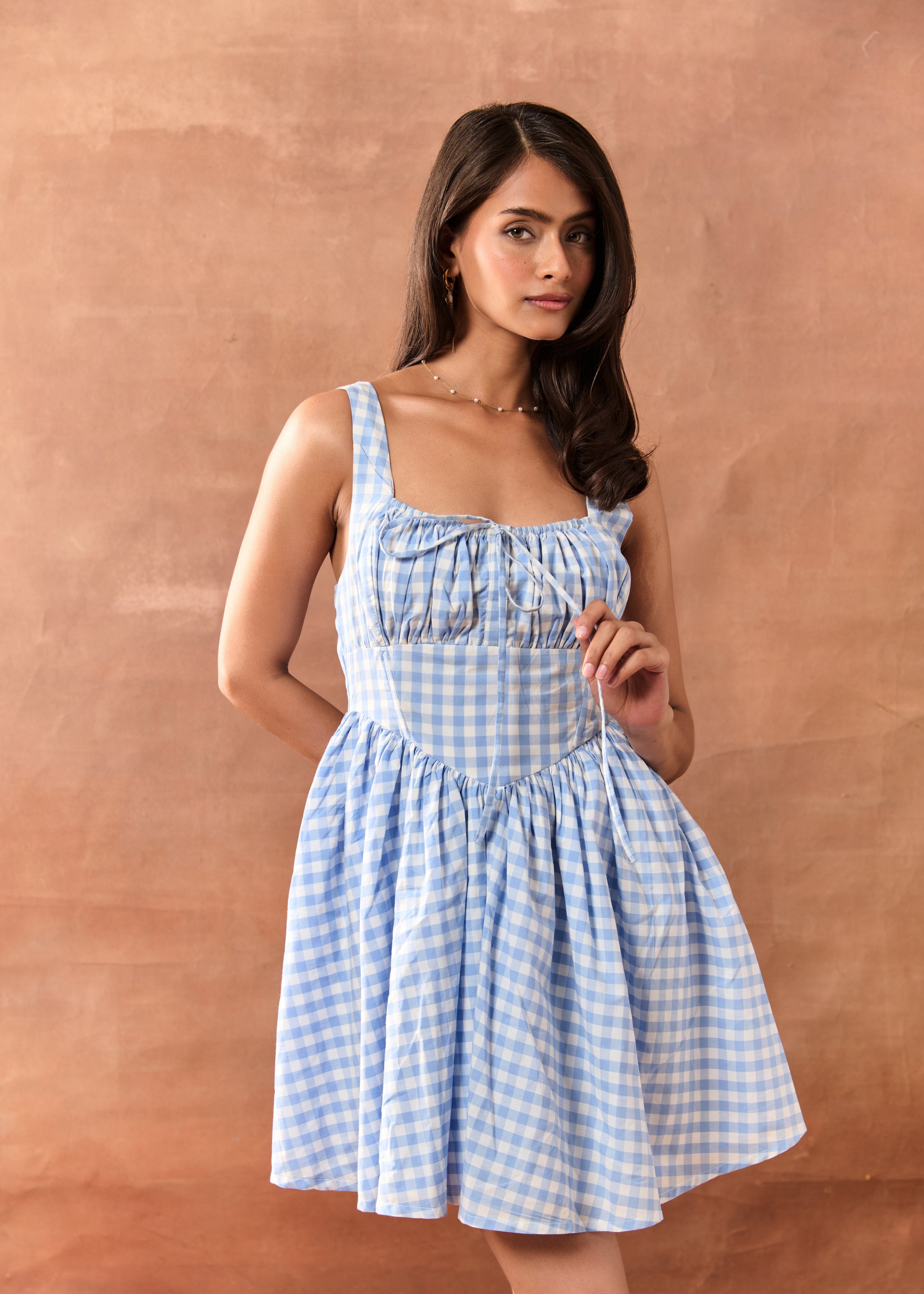 Arely Light Blue Gingham Mini Dress
