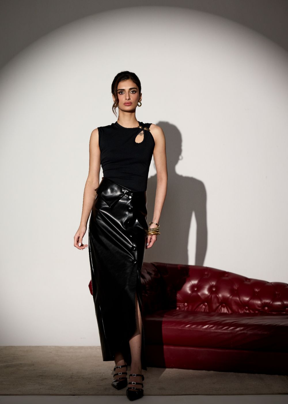 Zara Black Leather Midi Asymmetrical Skirt