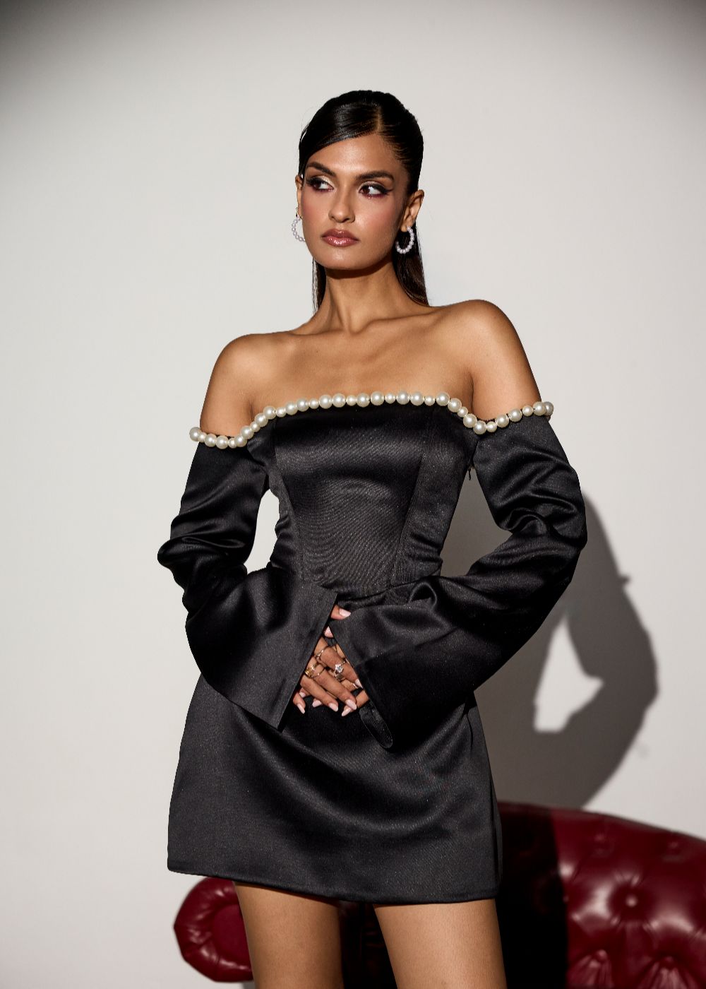 Audrey Black Pearl Embellished Corset Mini Dress