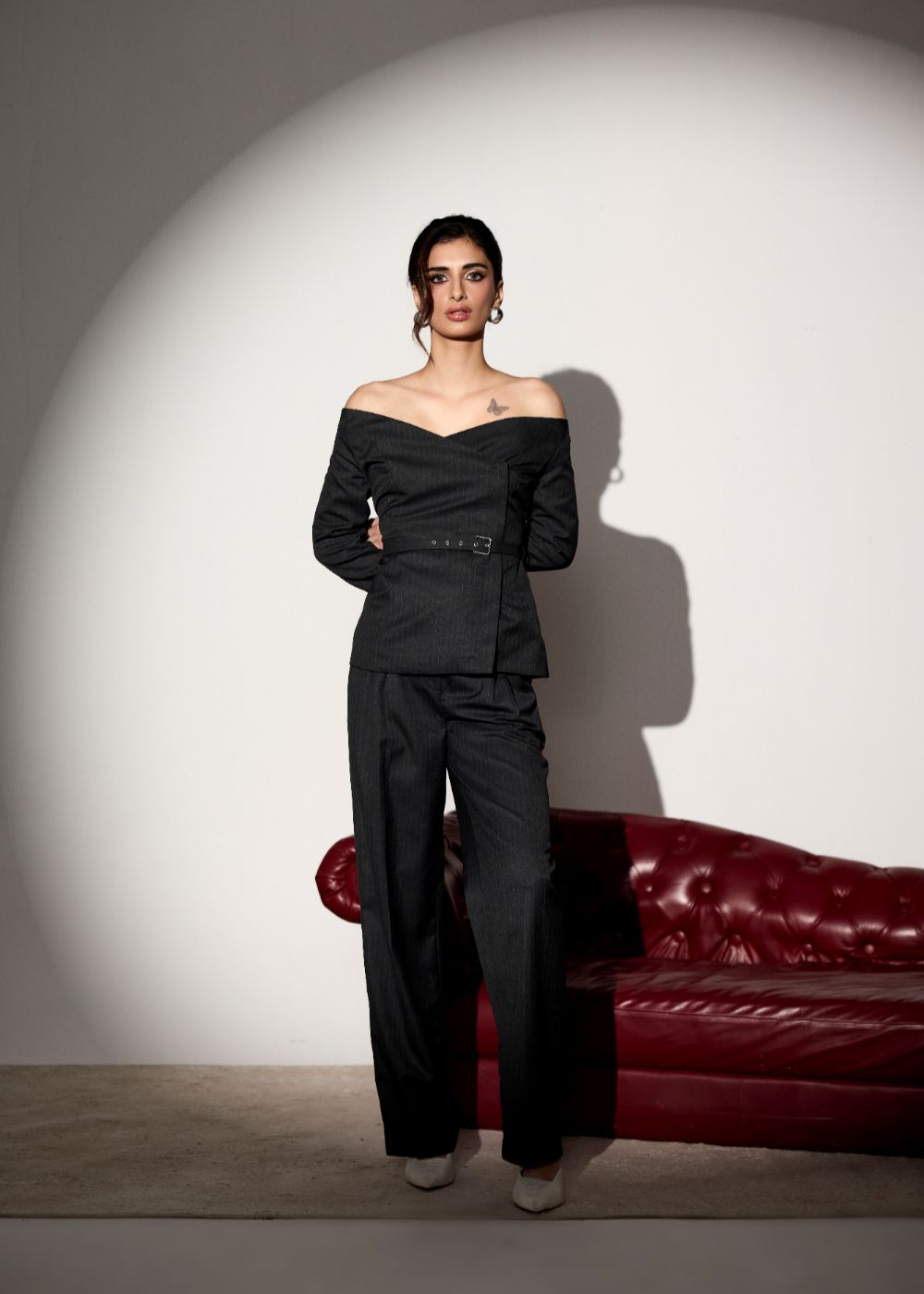 Valence Grey Structured Off-Shoulder Top