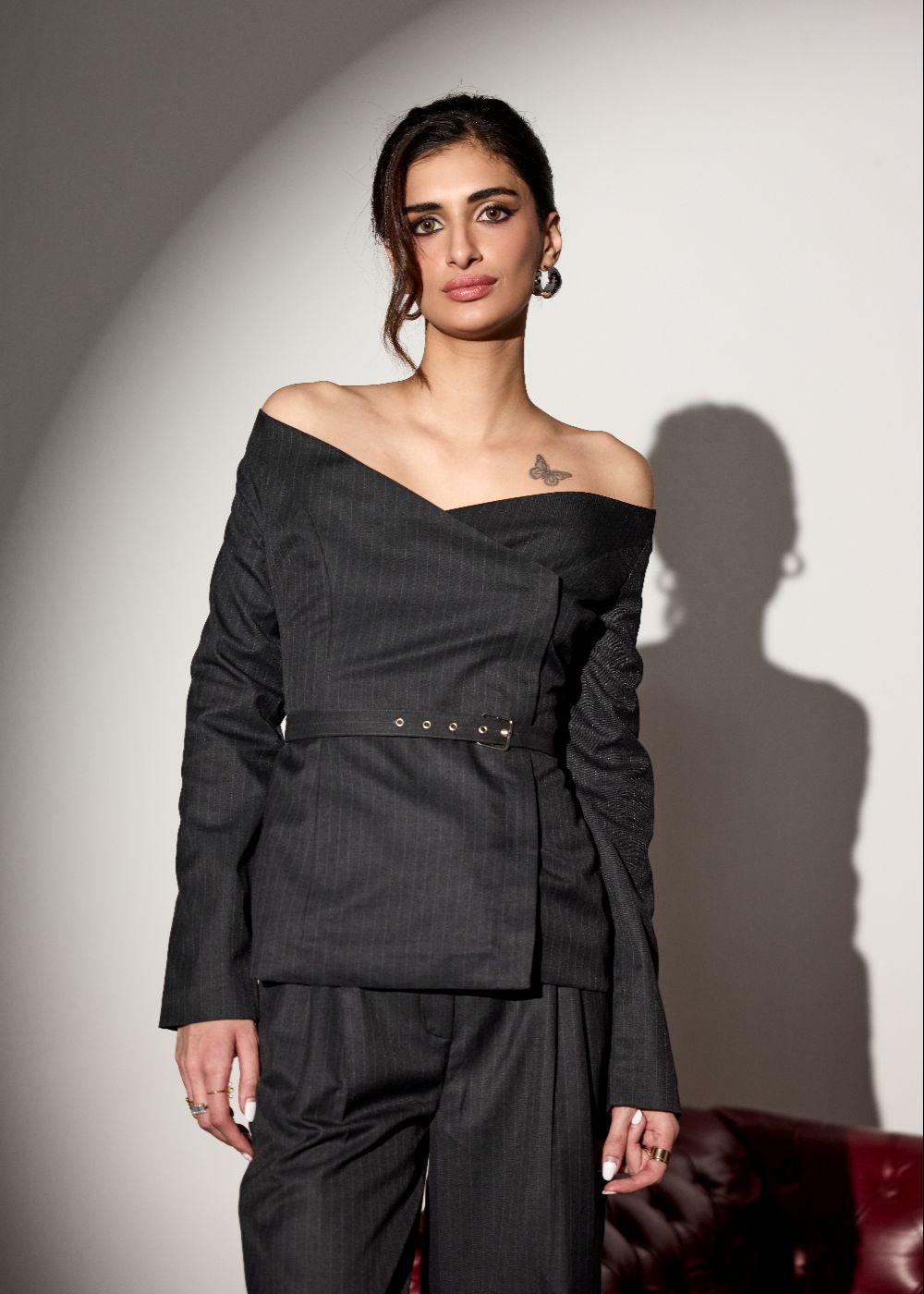 Valence Grey Structured Off-Shoulder Top