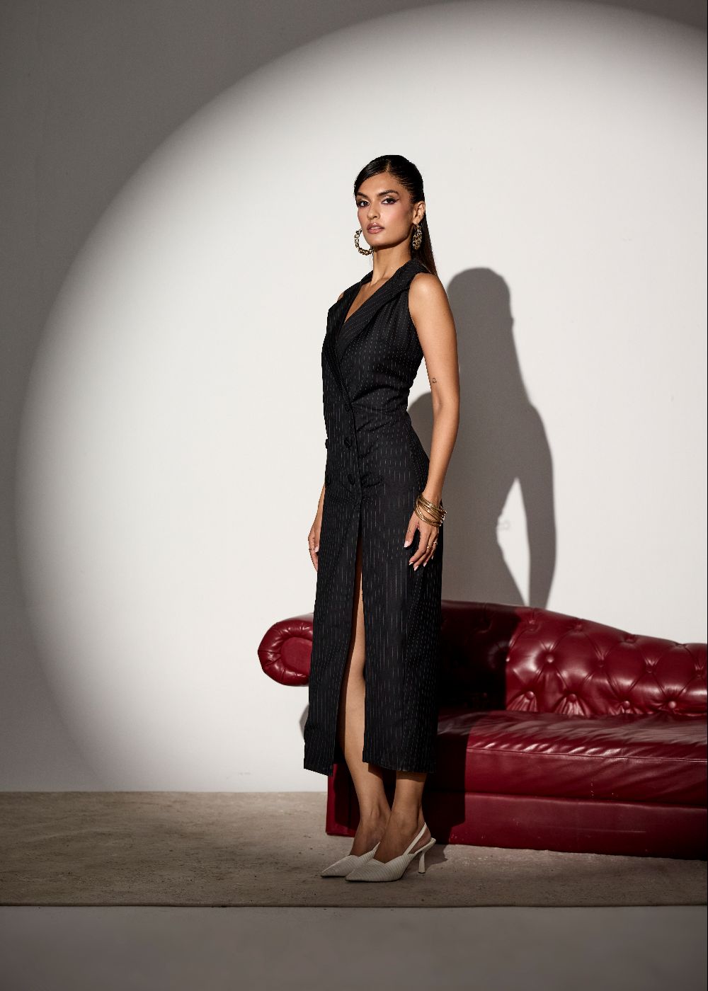 Valeriya Navy Pinstripe Waistcoat Dress