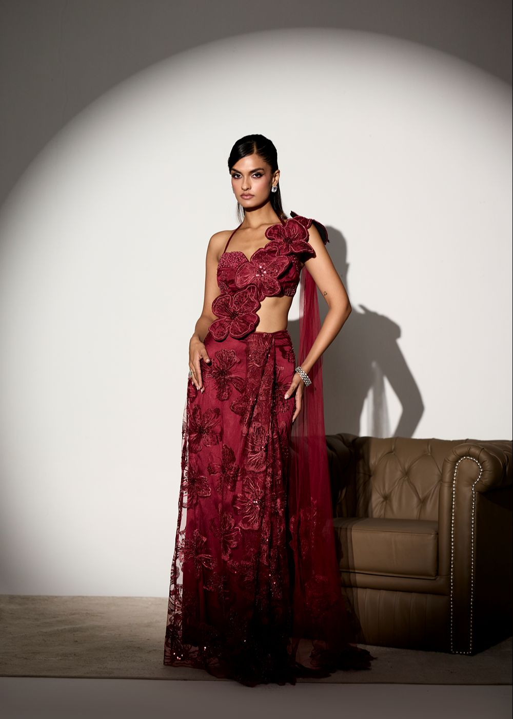 Kalini Maroon Floral Embroidered Saree