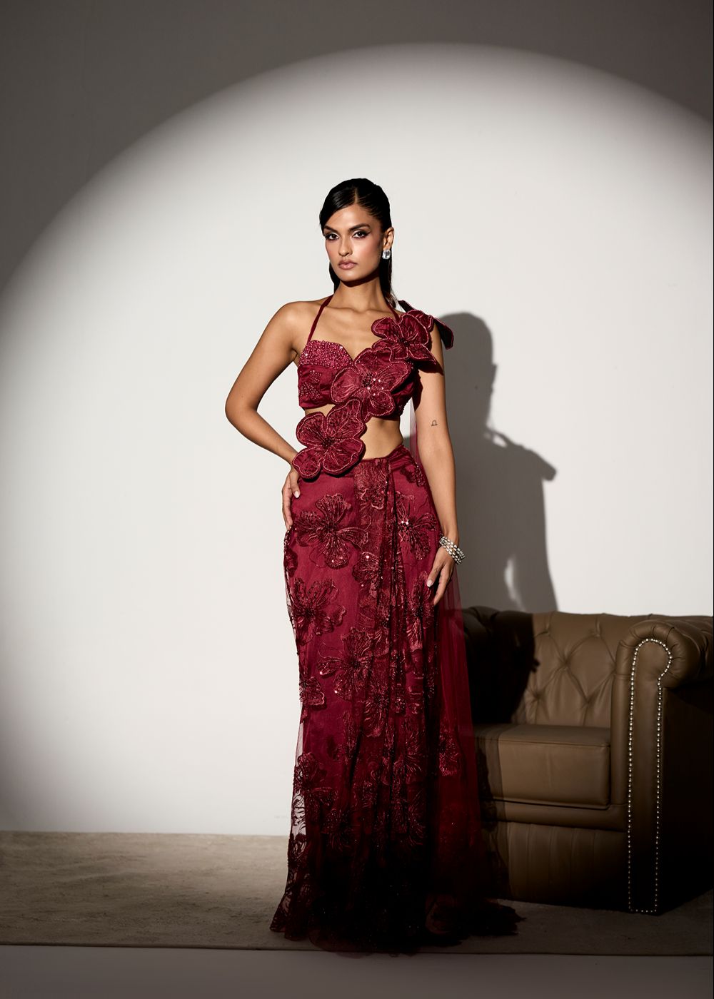Kalini Maroon Floral Embroidered Saree