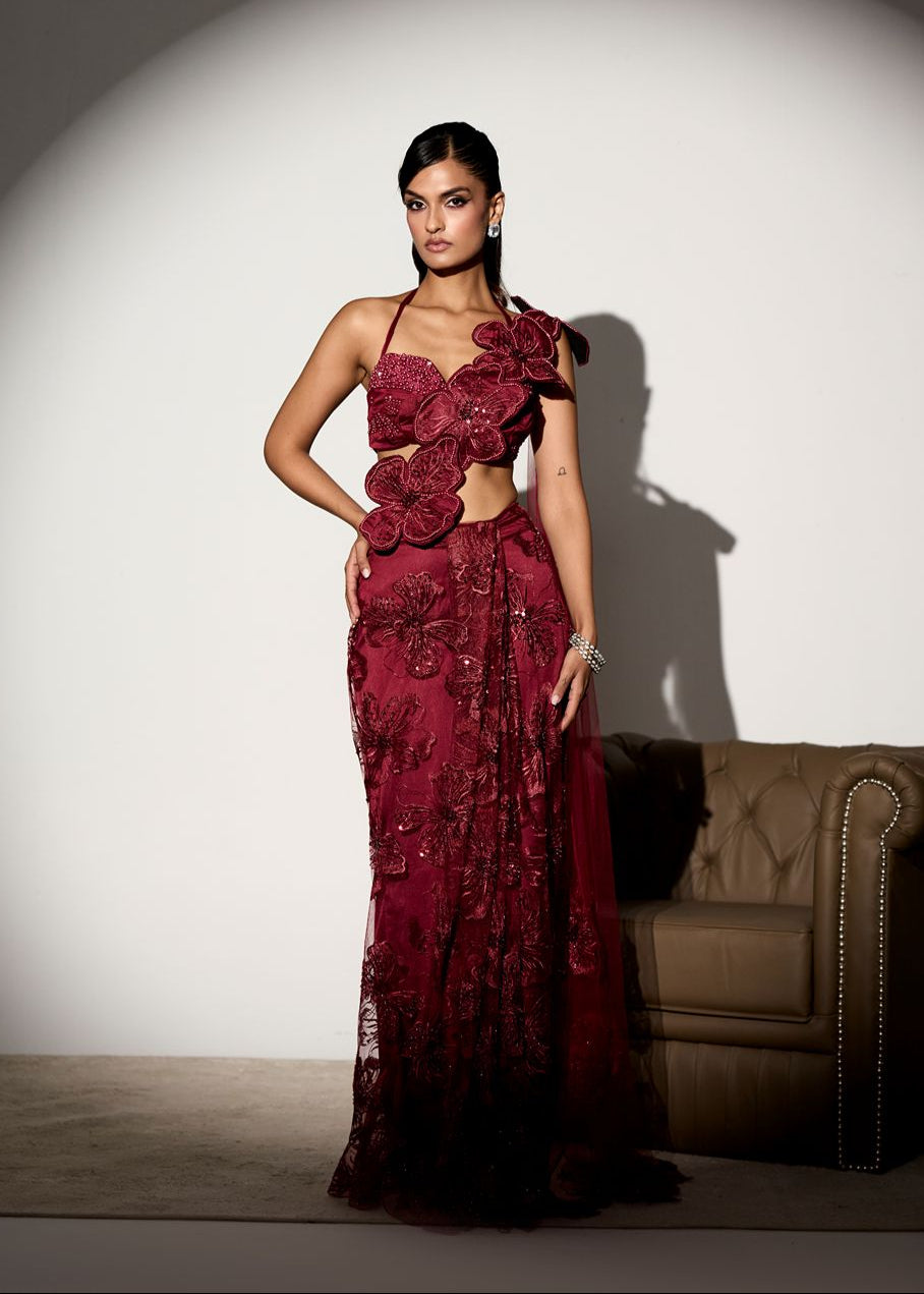 Kalini Maroon Floral Embroidered Saree
