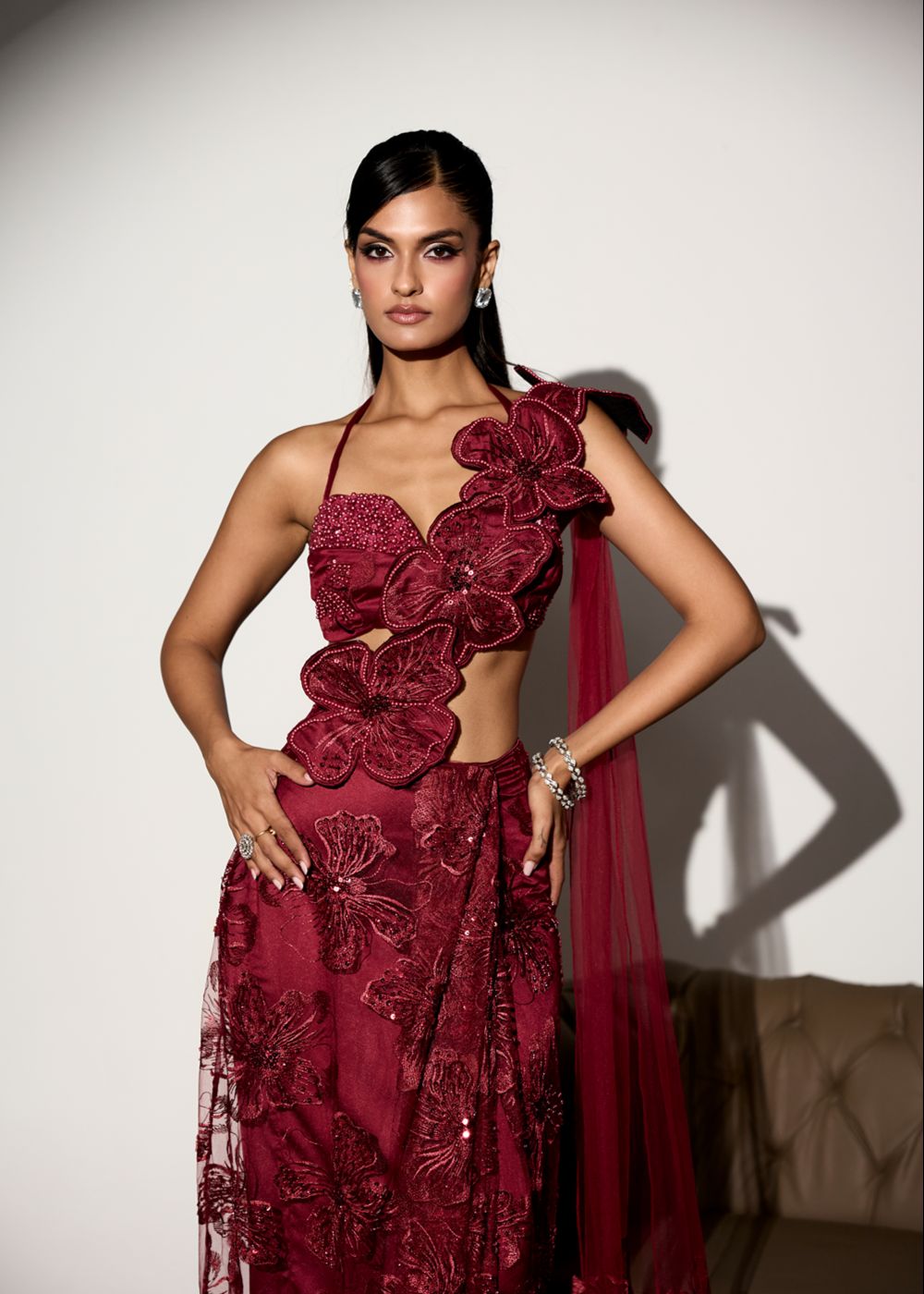 Kalini Maroon Floral Embroidered Saree