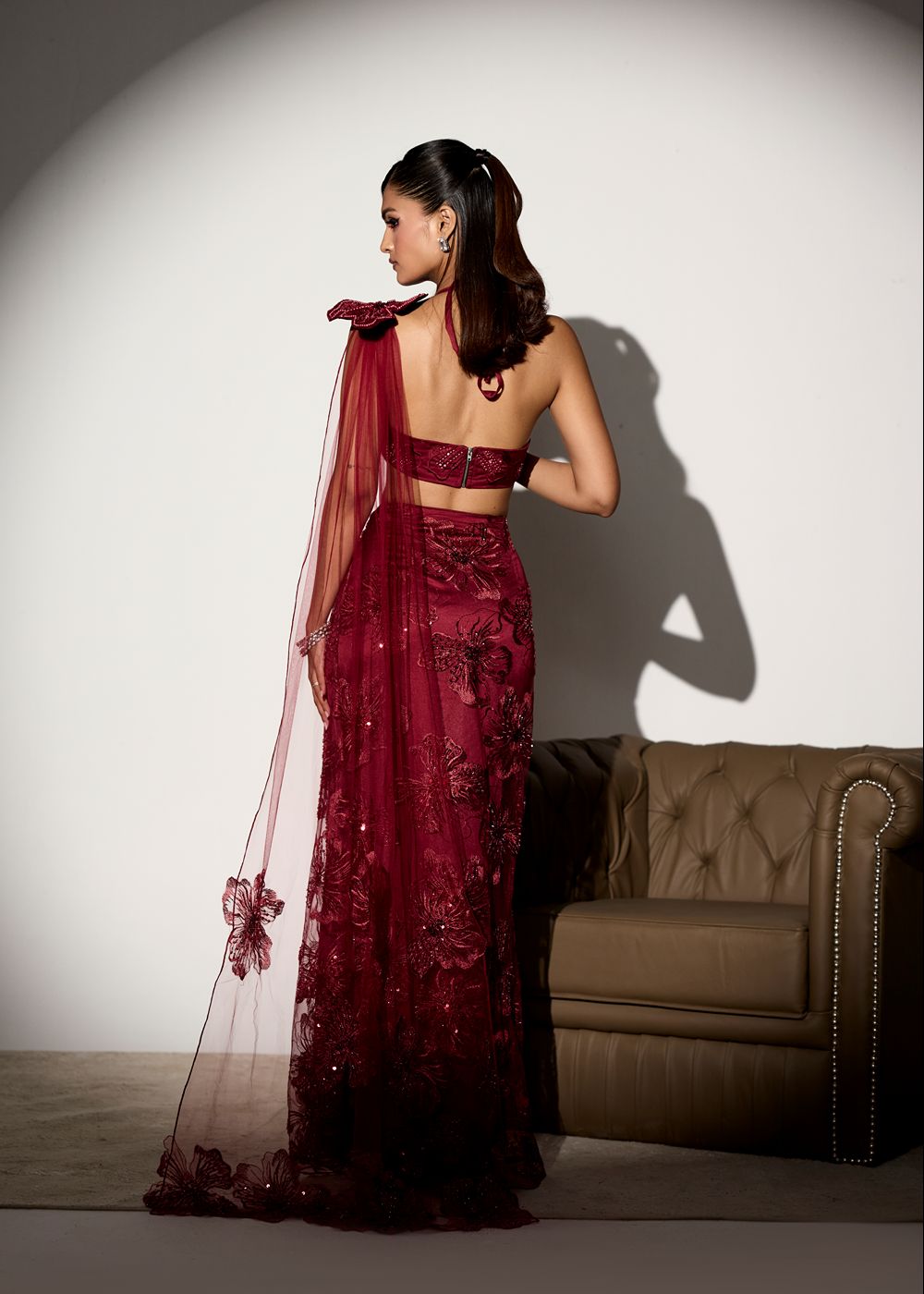 Kalini Maroon Floral Embroidered Saree