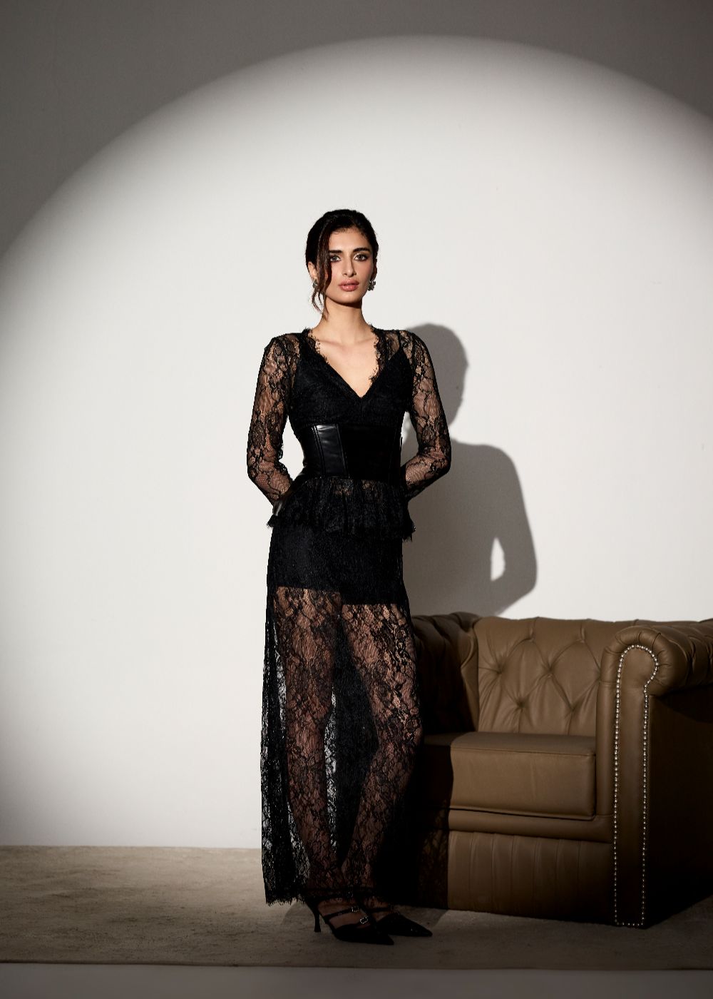 Midnight Lace Maxi Dress with Belt
