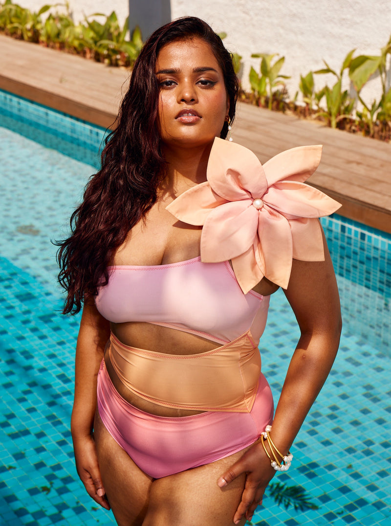Jolana One-Shoulder Cutout Swimsuit with Flower Embellishment