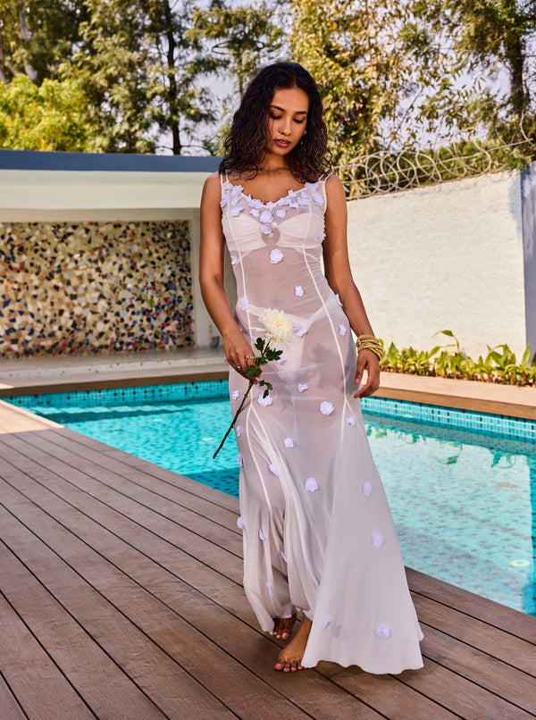 Eberta White Sheer 3D Flower Cover-up Dress
