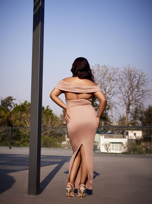 Madilyn Nude Off-Shoulder Modal Rib Maxi Dress