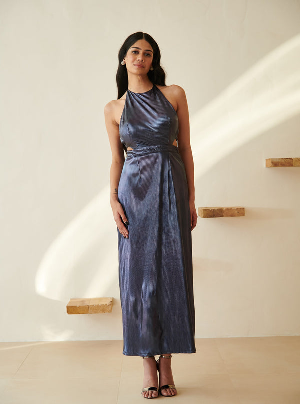 Moana Navy Blue Metallic Maxi Dress