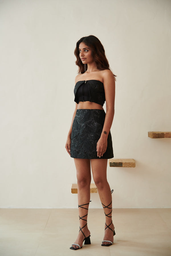 Leanor Black Embroidered Jacquard Zip Top and Mini Skirt Set