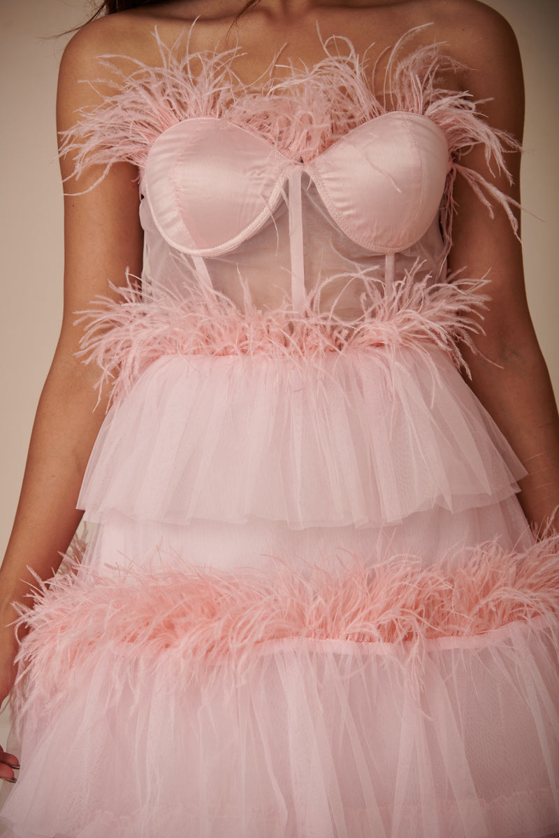 Aiko Pink Feather Ruffled Corset Midi Dress