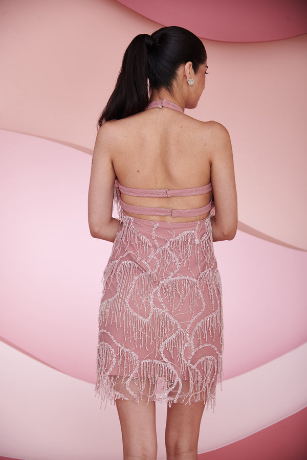 Florence Mauve Pink Halter Neck Embroidered Mini Dress