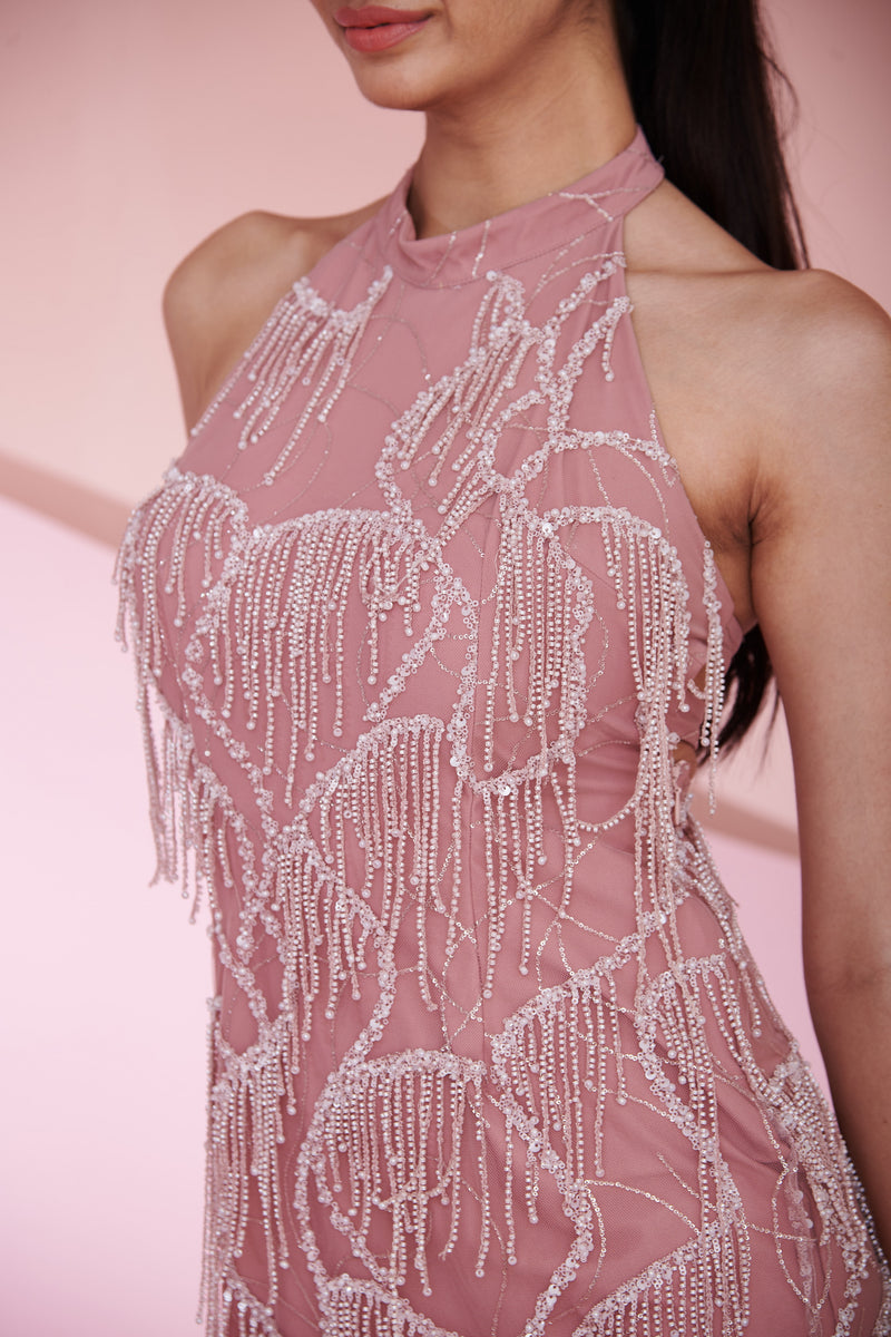 Florence Mauve Pink Halter Neck Embroidered Mini Dress