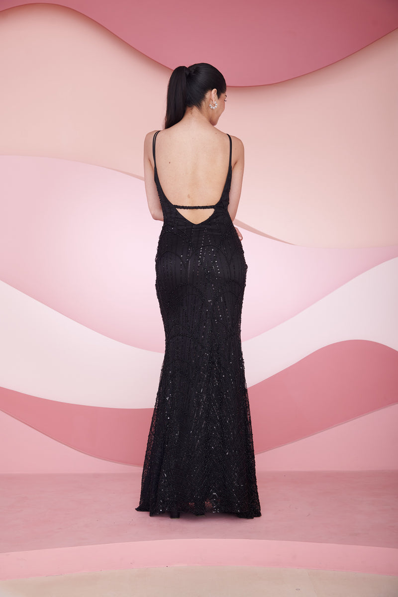 Georgia Black Hand Embroidered Backless Gown