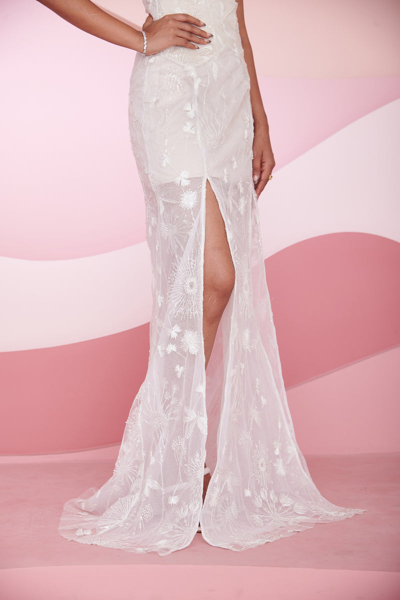 Nira White Embroidered Slit Corset gown