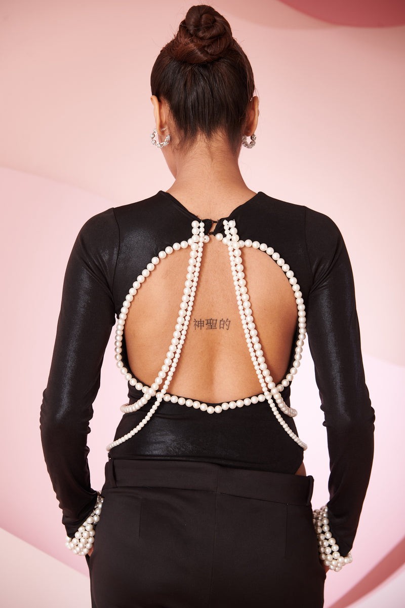 Keiko Black Pearl Embroidered Cutout Back Bodysuit