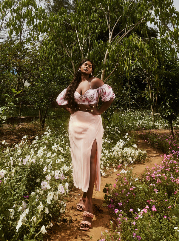 Venetia Peach Floral Top & Pleated Skirt Set