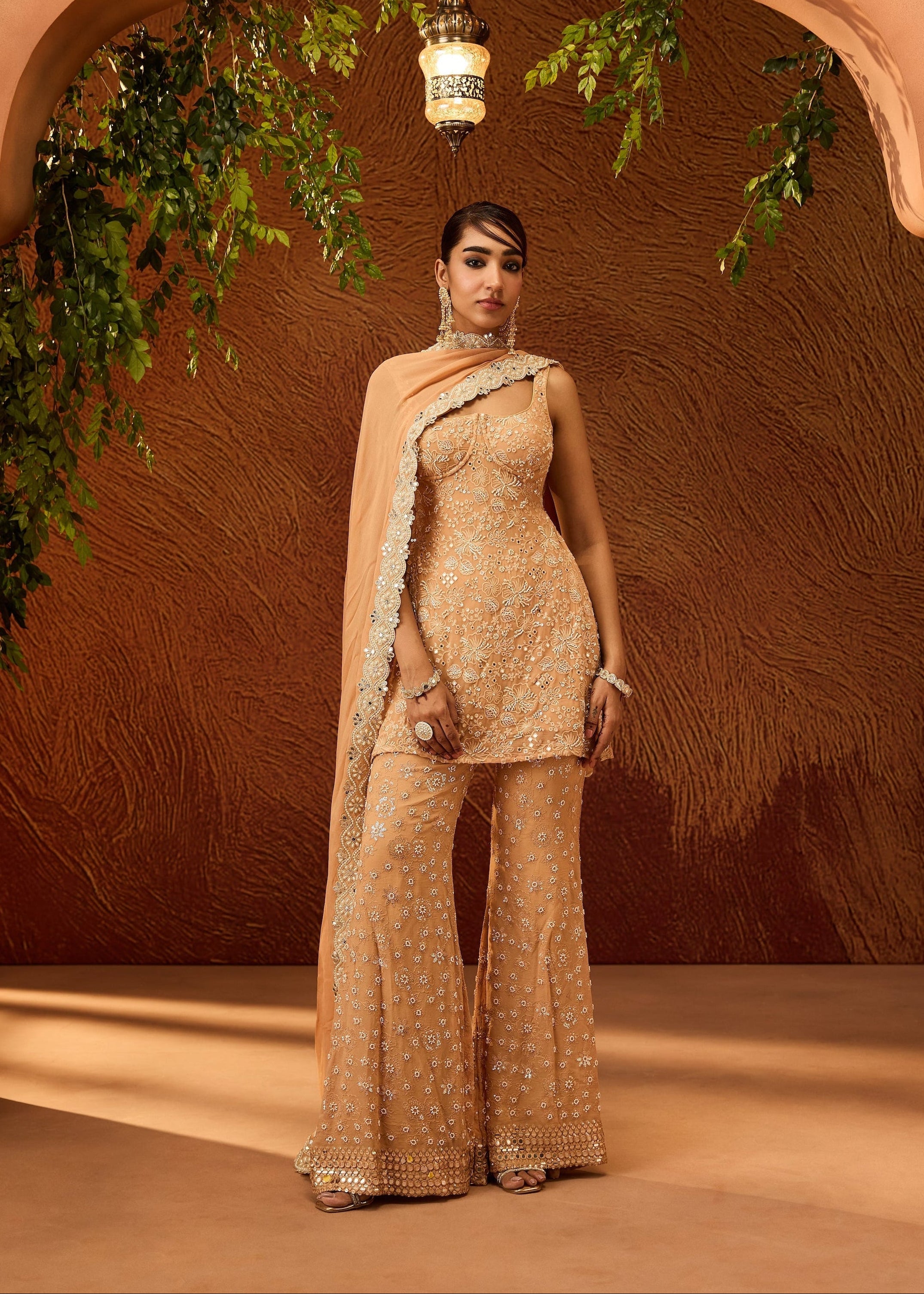 Namya Buff Orange Embroidered Sharara Set
