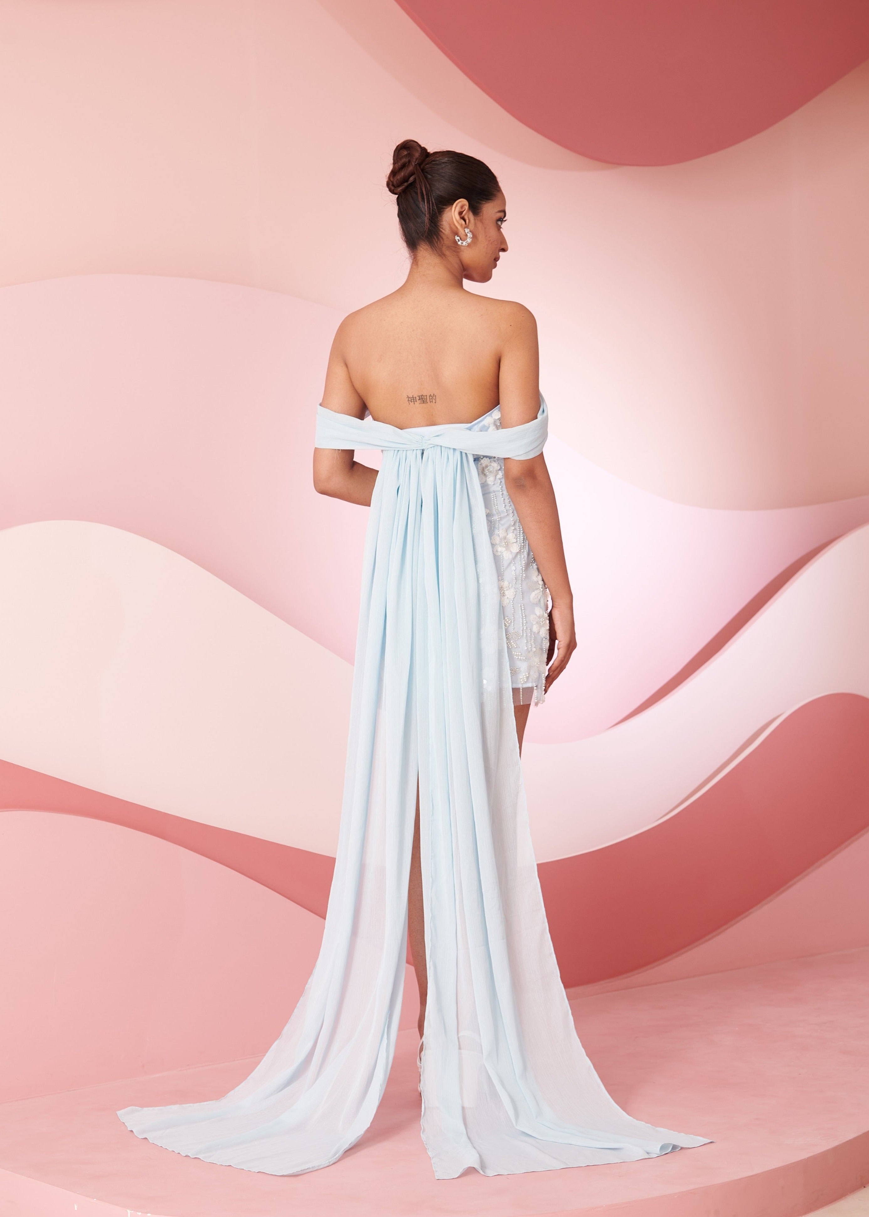 Neliah blue floral embroidery corset dress featuring intricate floral embroidery and a fitted corset design, ideal for elegant events.