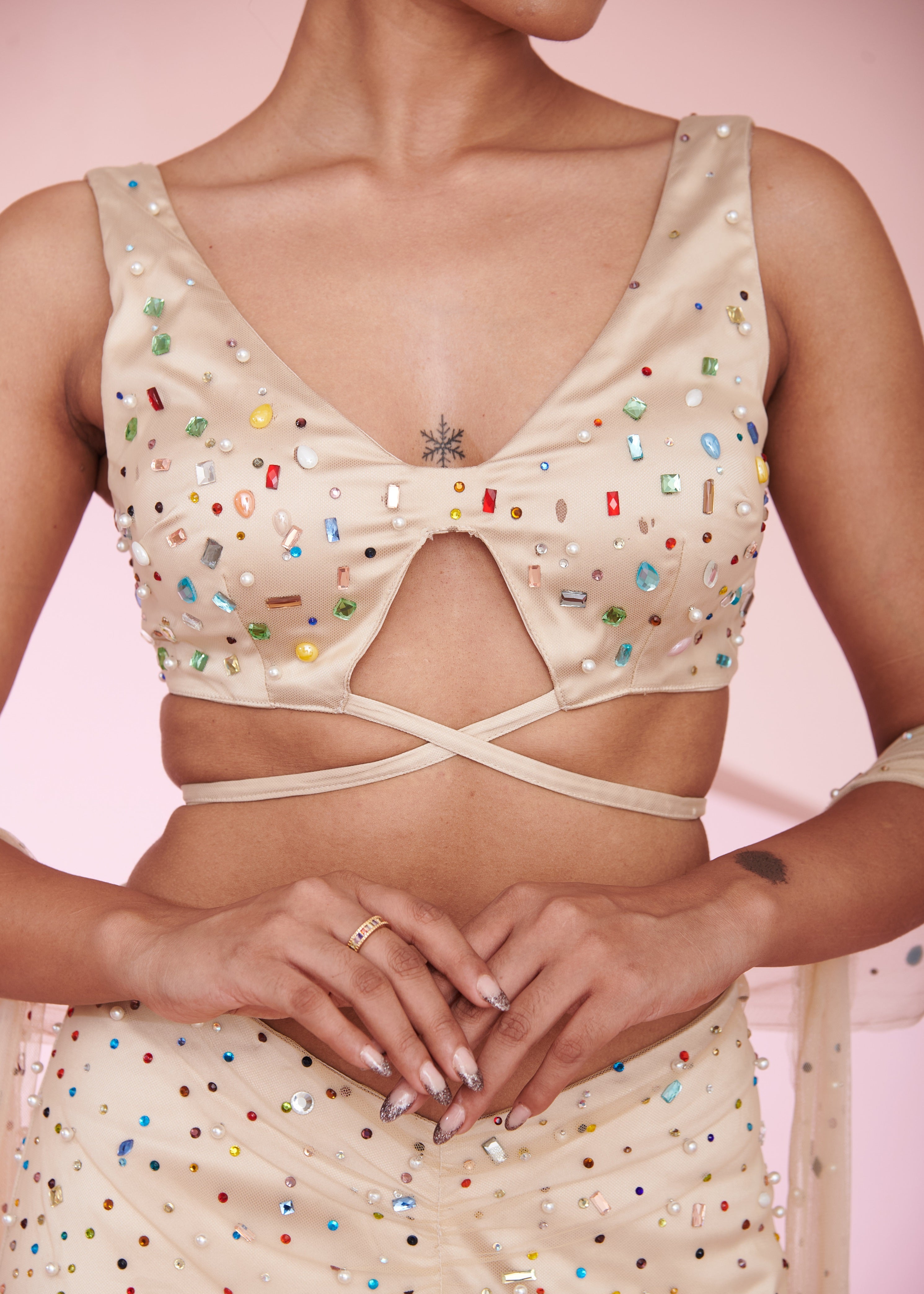 Novi nude rhinestone hand embroidered coord set with sparkling rhinestones and meticulous hand embroidery, ideal for a chic and coordinated look.