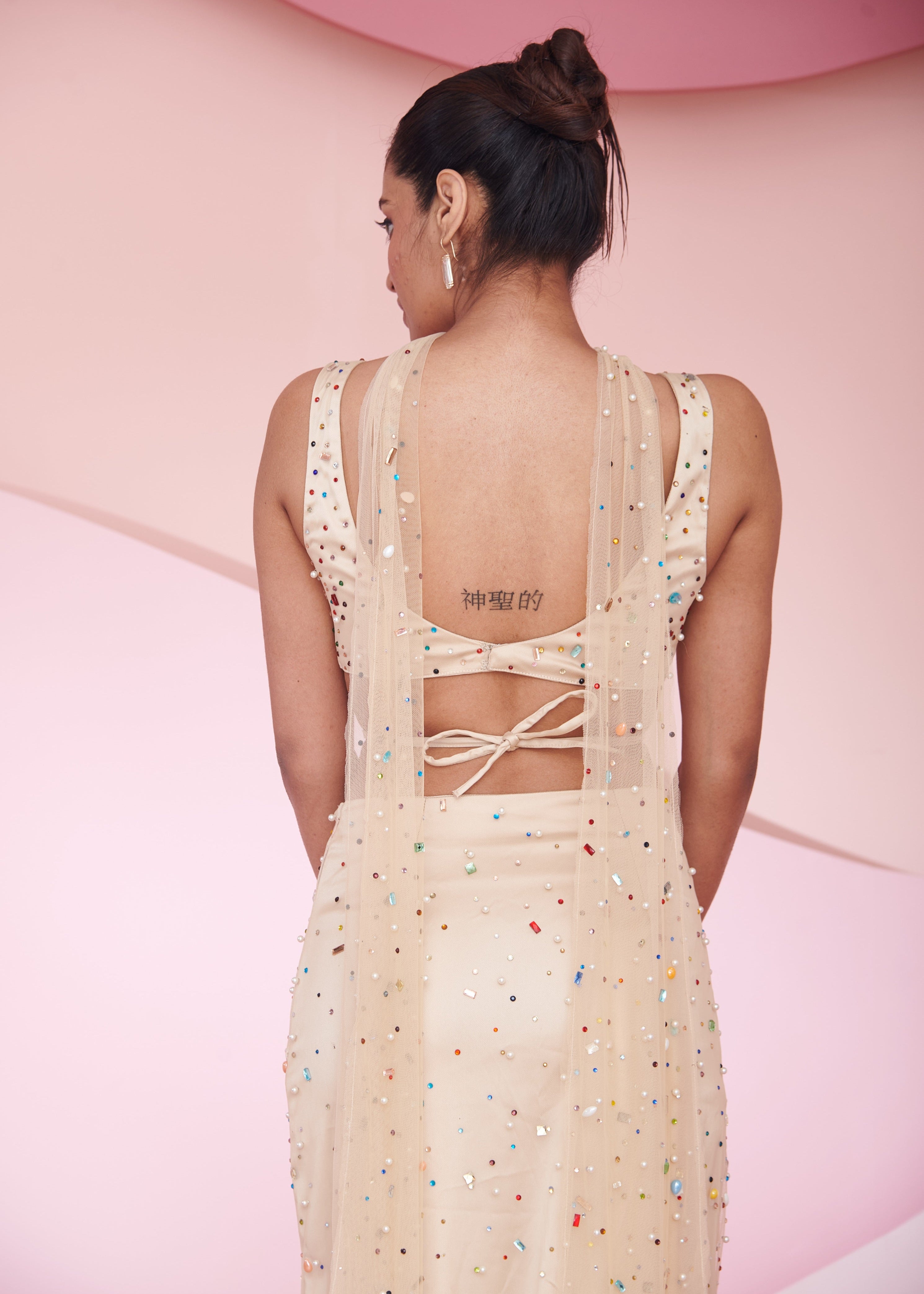 Novi nude rhinestone hand embroidered coord set with sparkling rhinestones and meticulous hand embroidery, ideal for a chic and coordinated look.