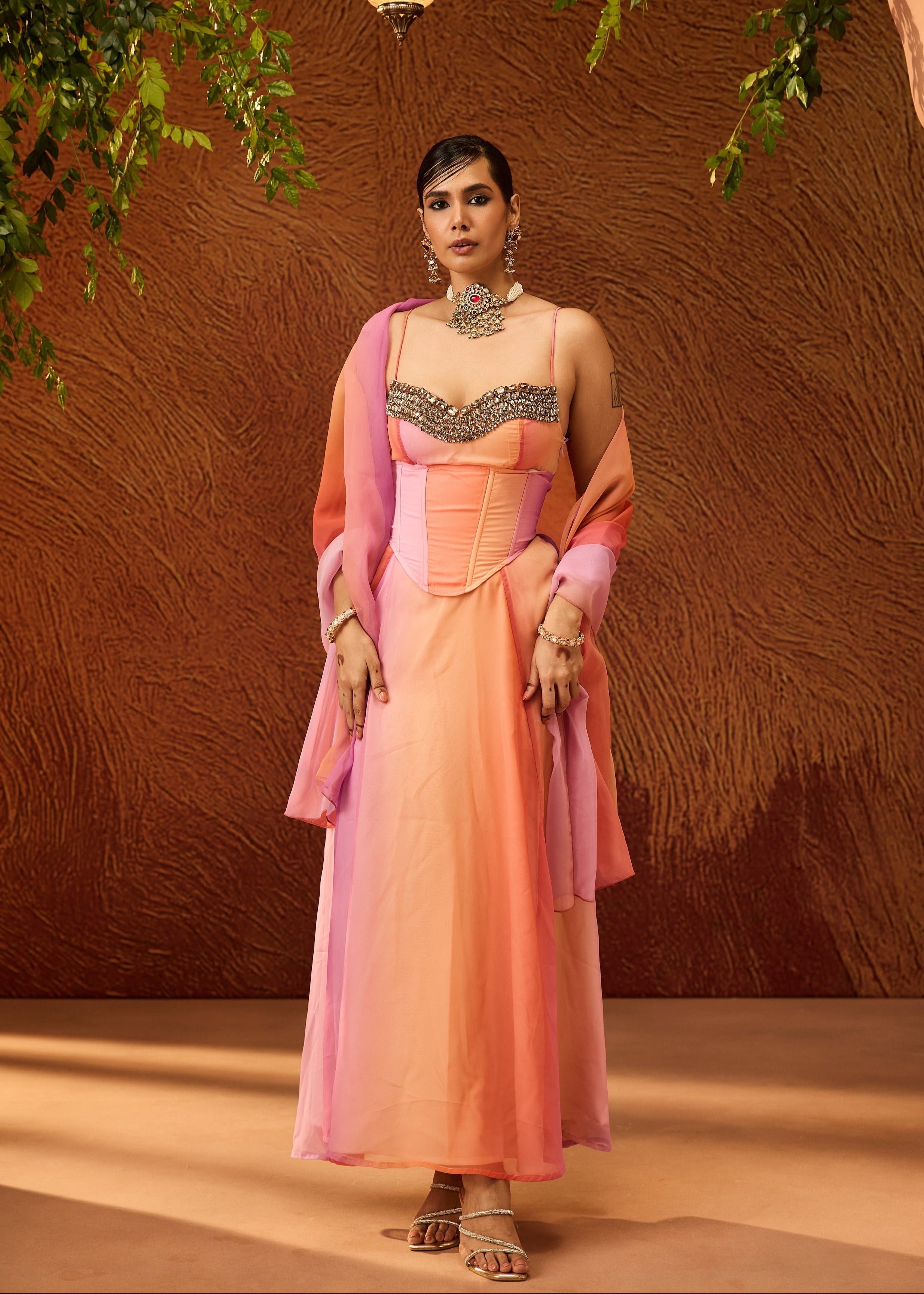 Parnika Multicolor Embroidered Anarkali Set with Corset Belt
