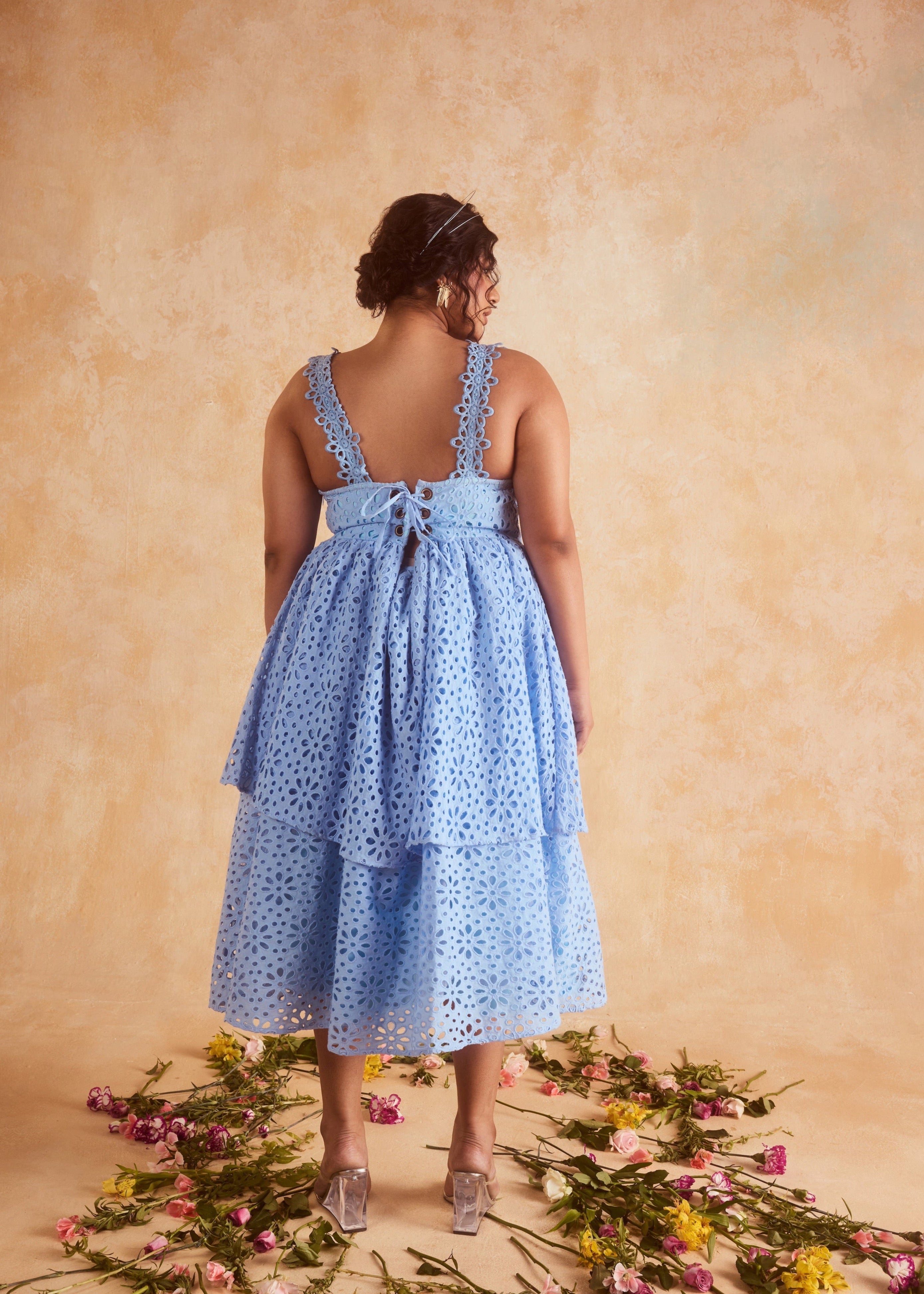 Patricia Blue Schifili Midi Dress featuring elegant embroidery and a classic mid-length cut.