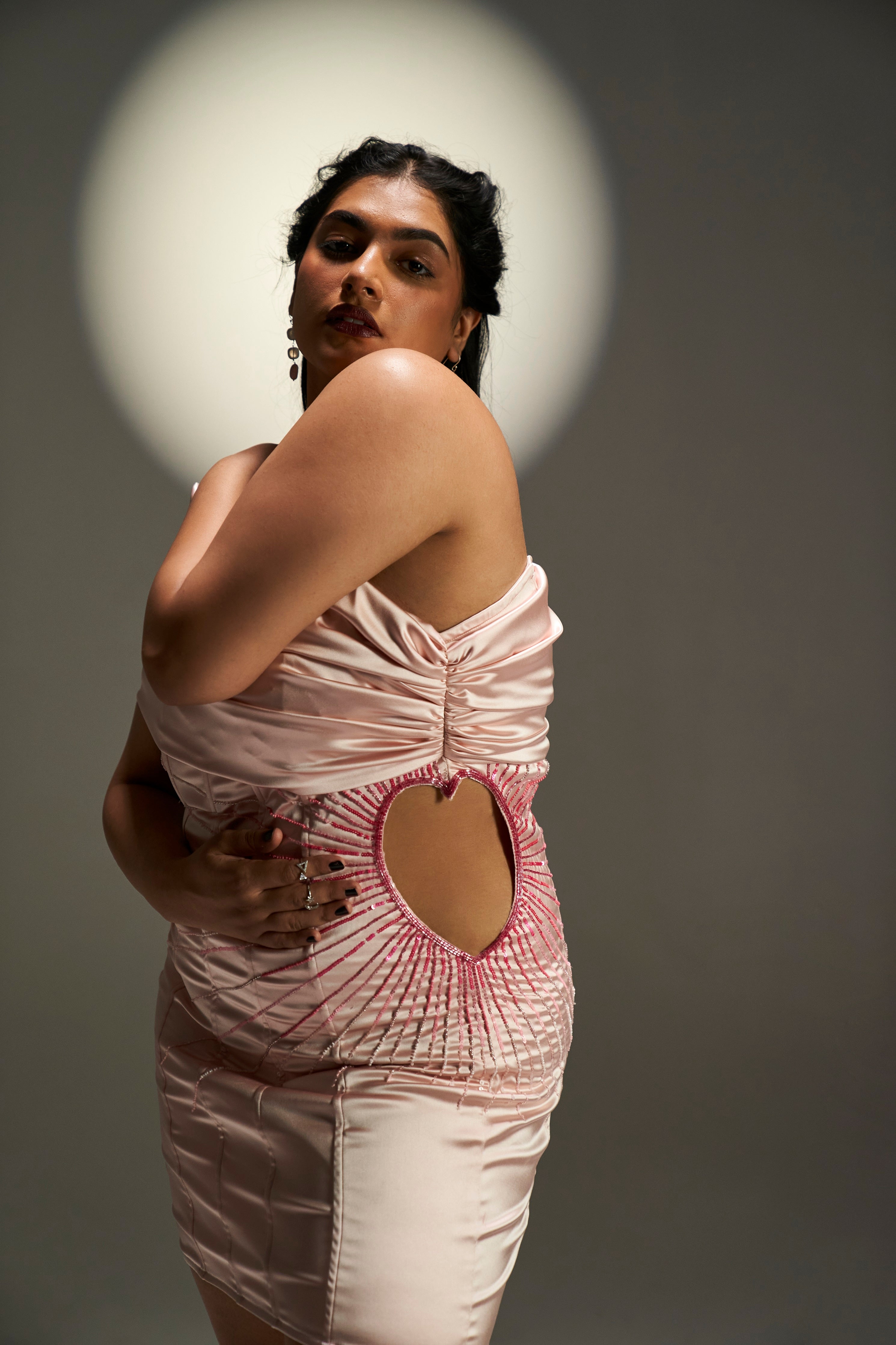 Philomel Baby Pink Satin Corset Dress with a delicate satin finish and a fitted corset bodice