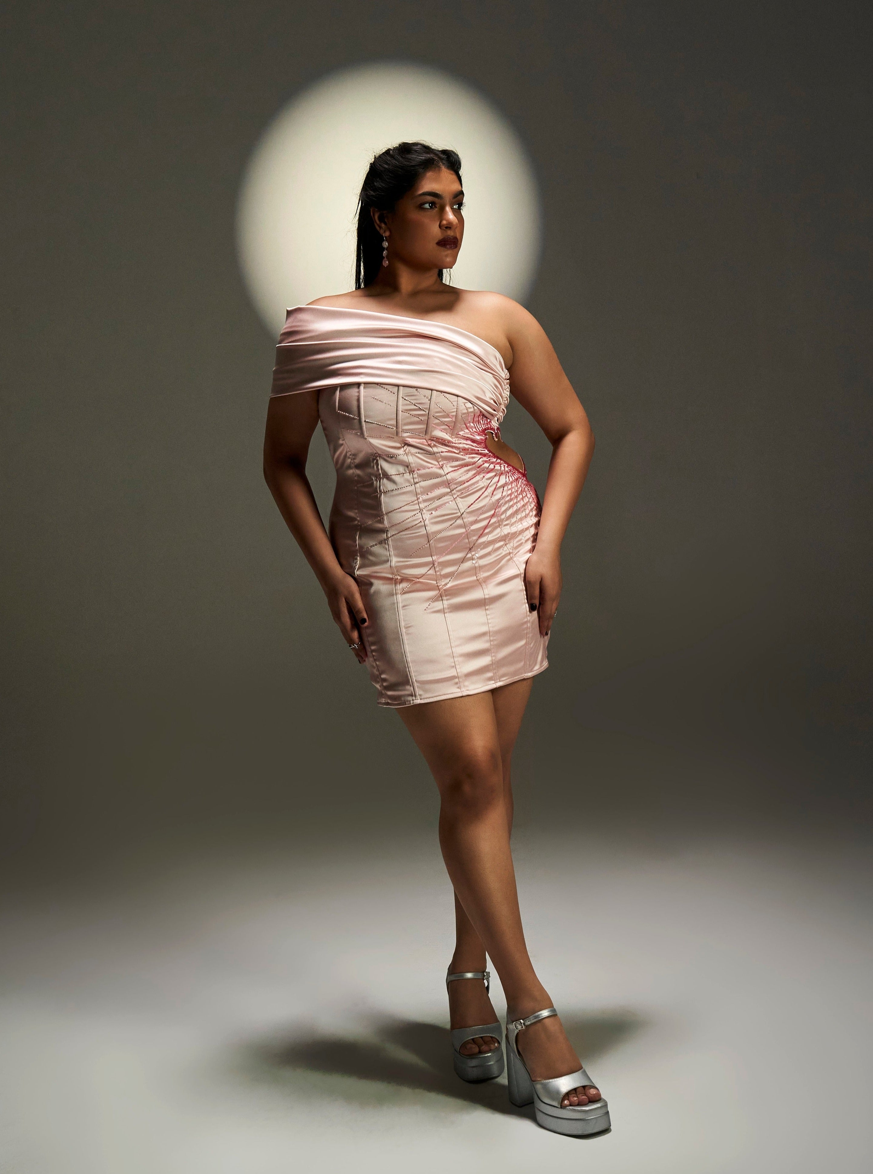 Philomel Baby Pink Satin Corset Dress with a delicate satin finish and a fitted corset bodice