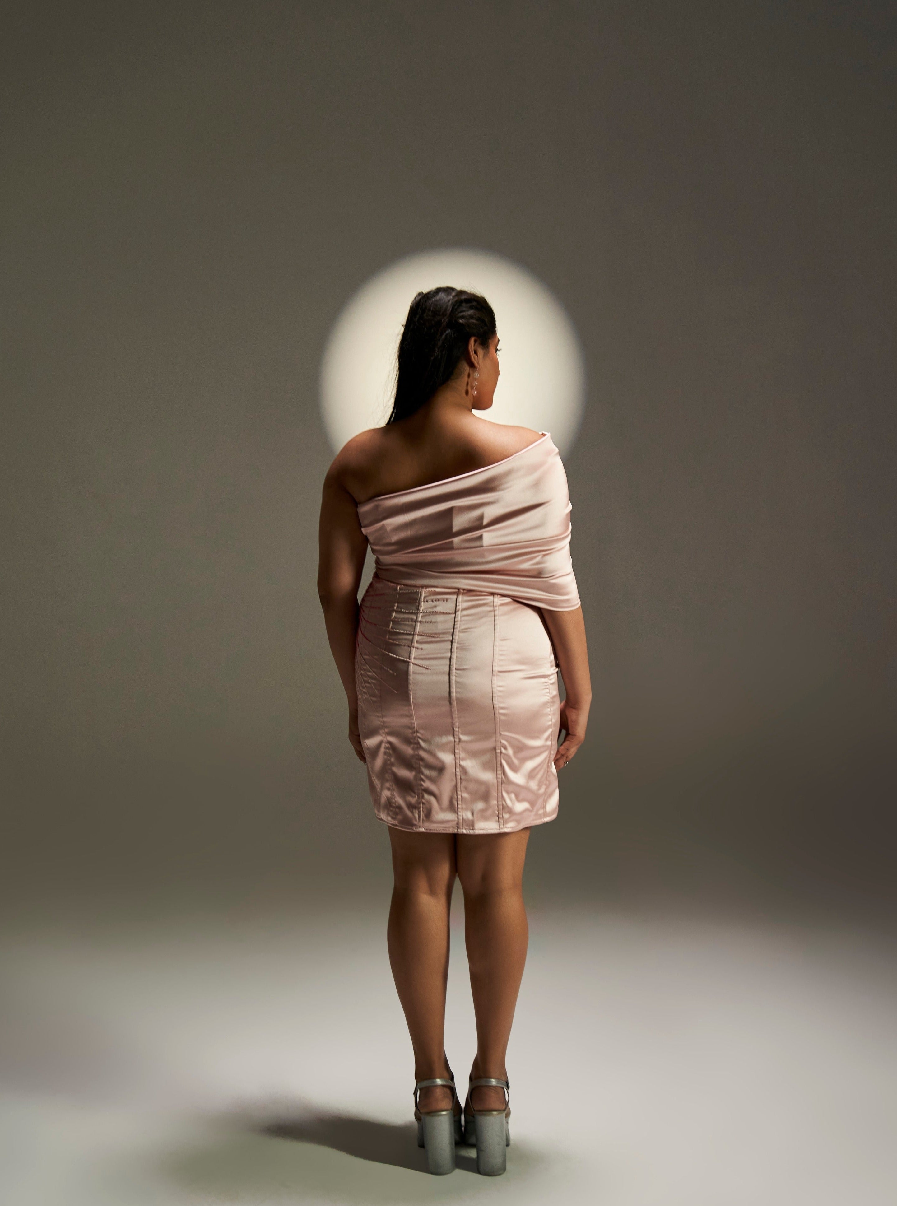 Philomel Baby Pink Satin Corset Dress with a delicate satin finish and a fitted corset bodice