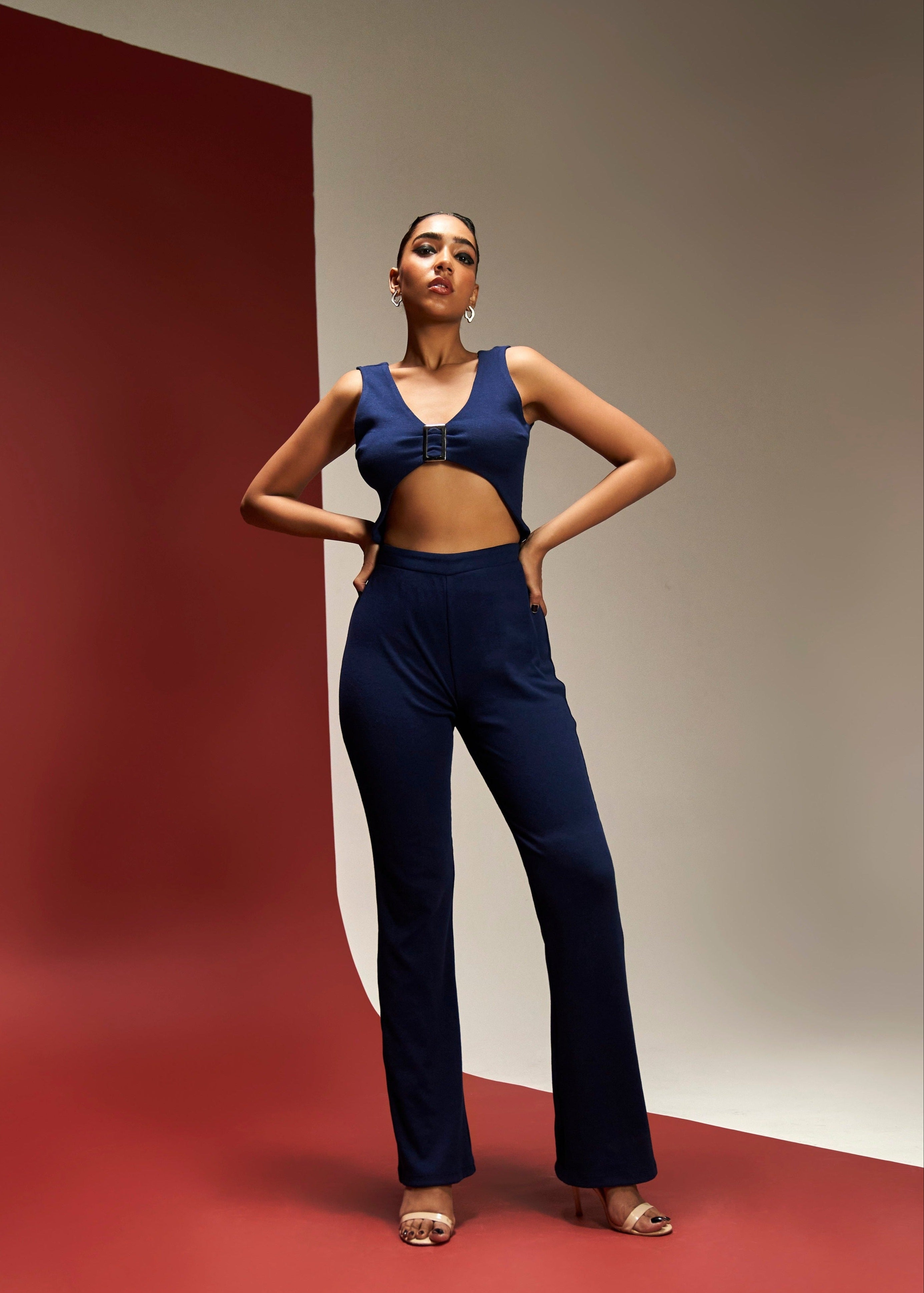 Reva Navy Blue Rib Lounge Coord Set with a cozy ribbed texture and matching top and pants