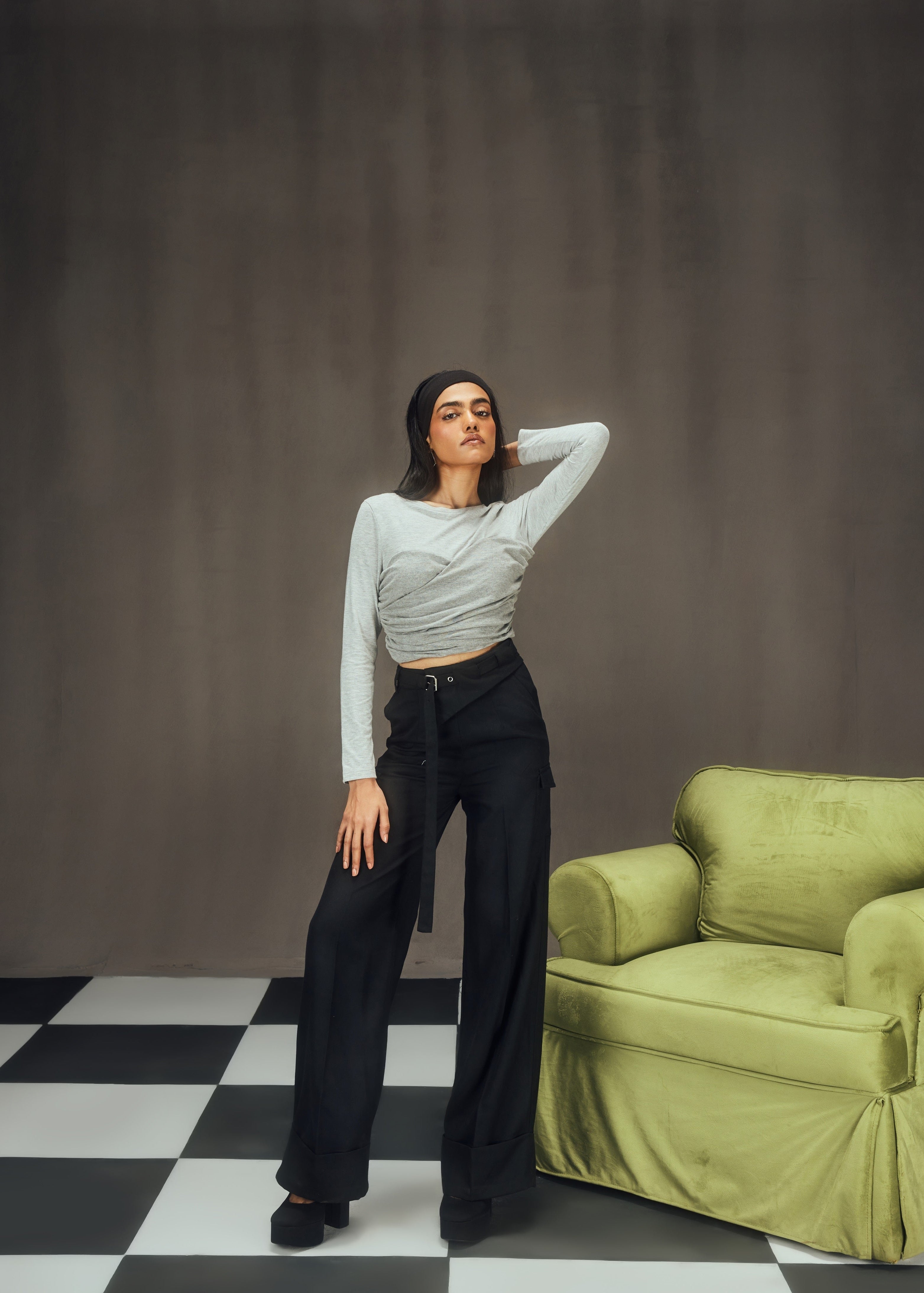 Rylee Grey Ruched Top and Black Tailored Pants Coord Set, combining modern style with sophisticated tailoring