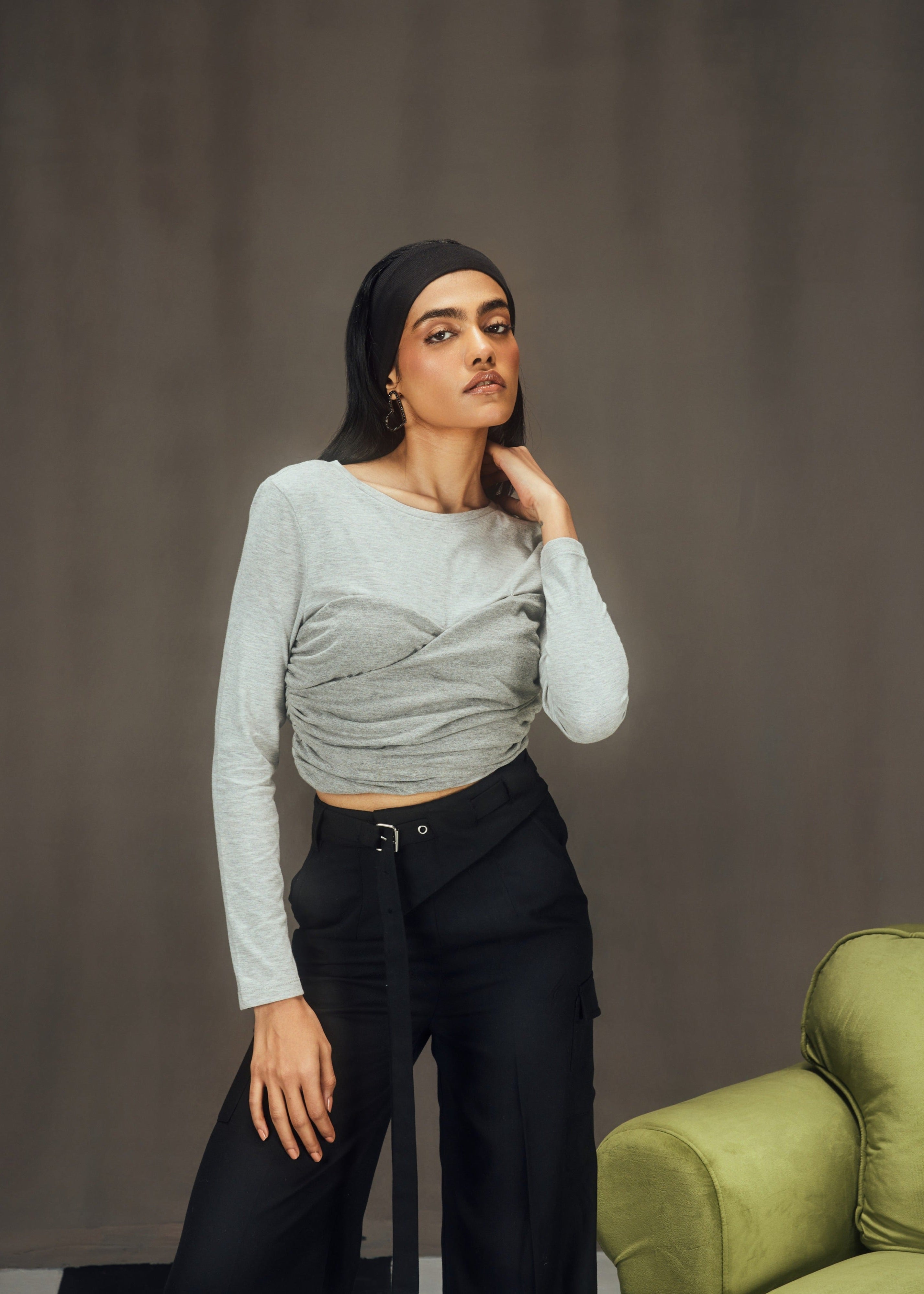 Rylee Grey Ruched Top and Black Tailored Pants Coord Set, combining modern style with sophisticated tailoring