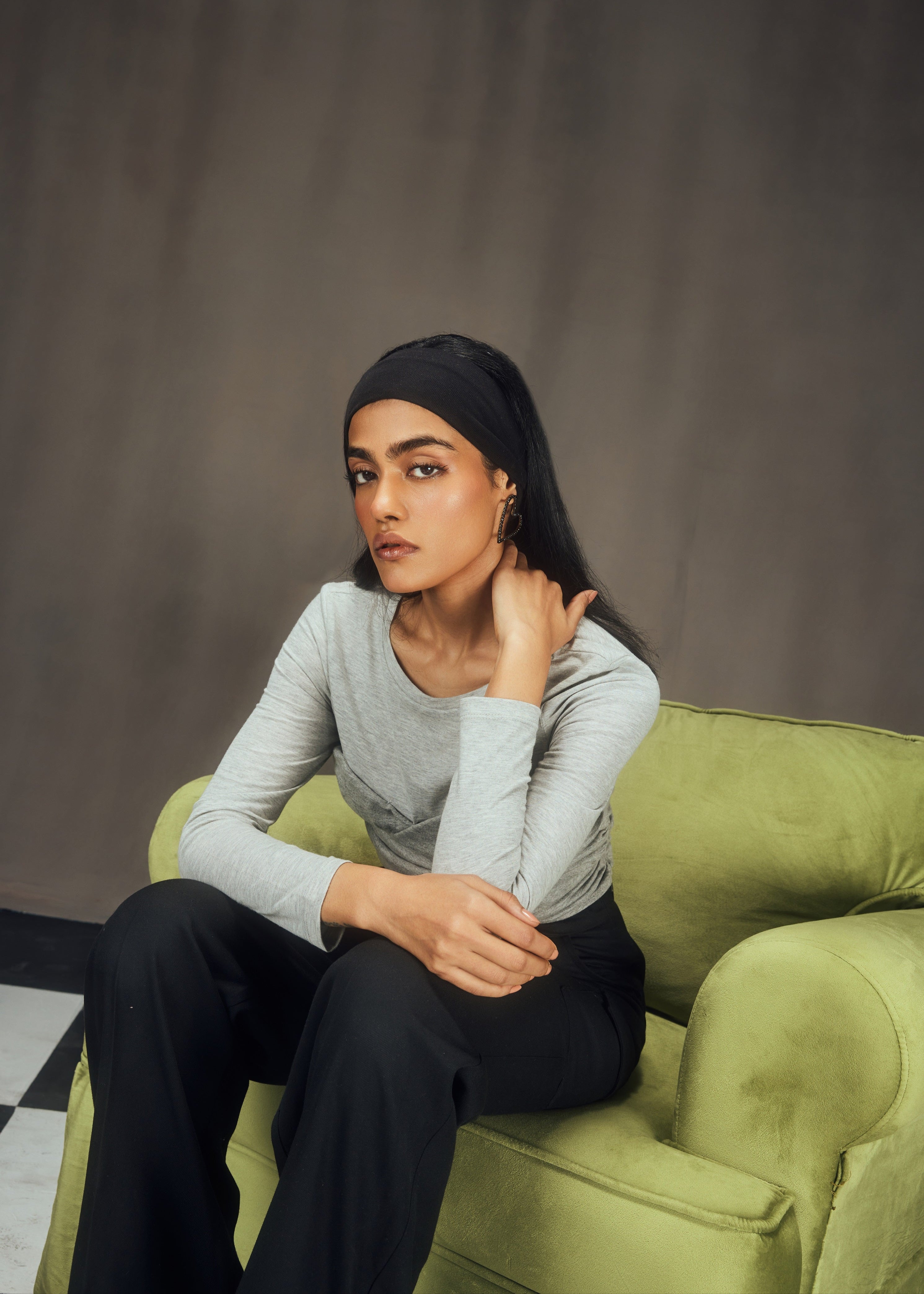 Rylee Grey Ruched Top and Black Tailored Pants Coord Set, combining modern style with sophisticated tailoring