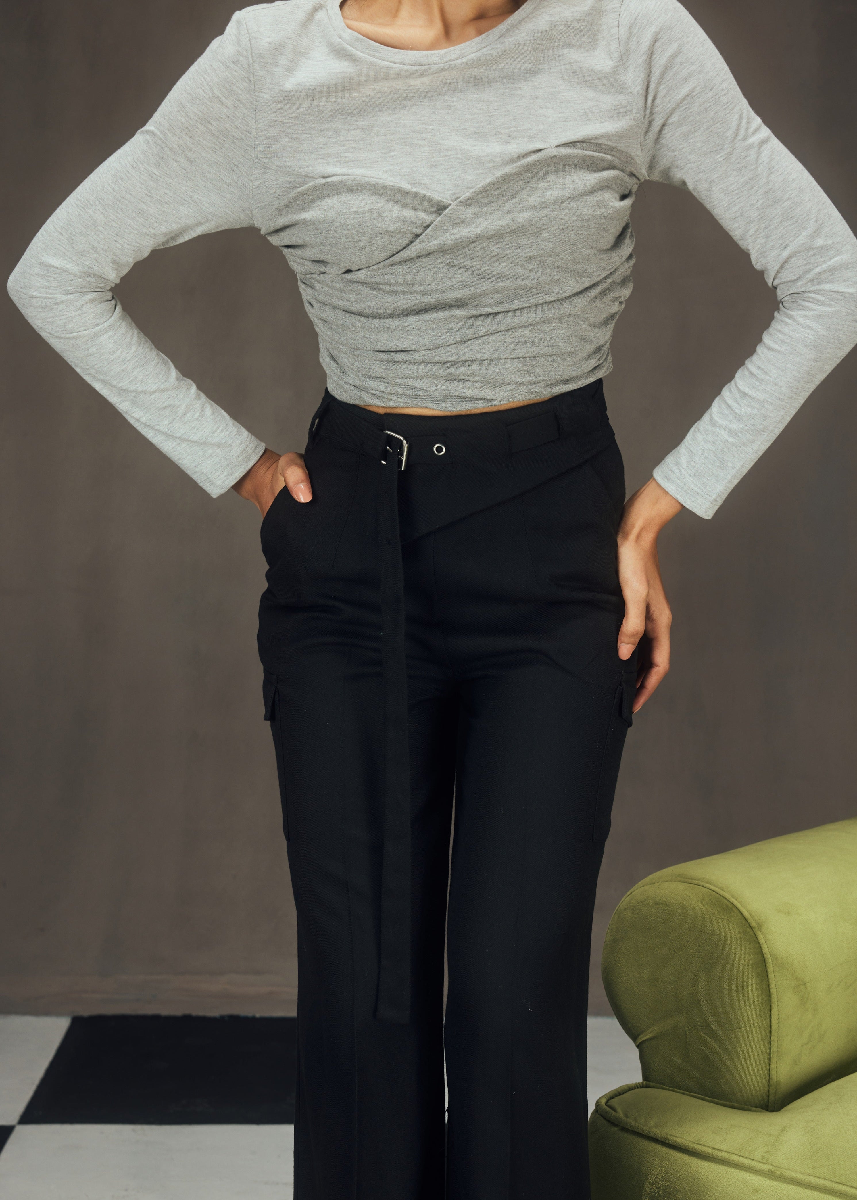 Rylee Grey Ruched Top and Black Tailored Pants Coord Set, combining modern style with sophisticated tailoring