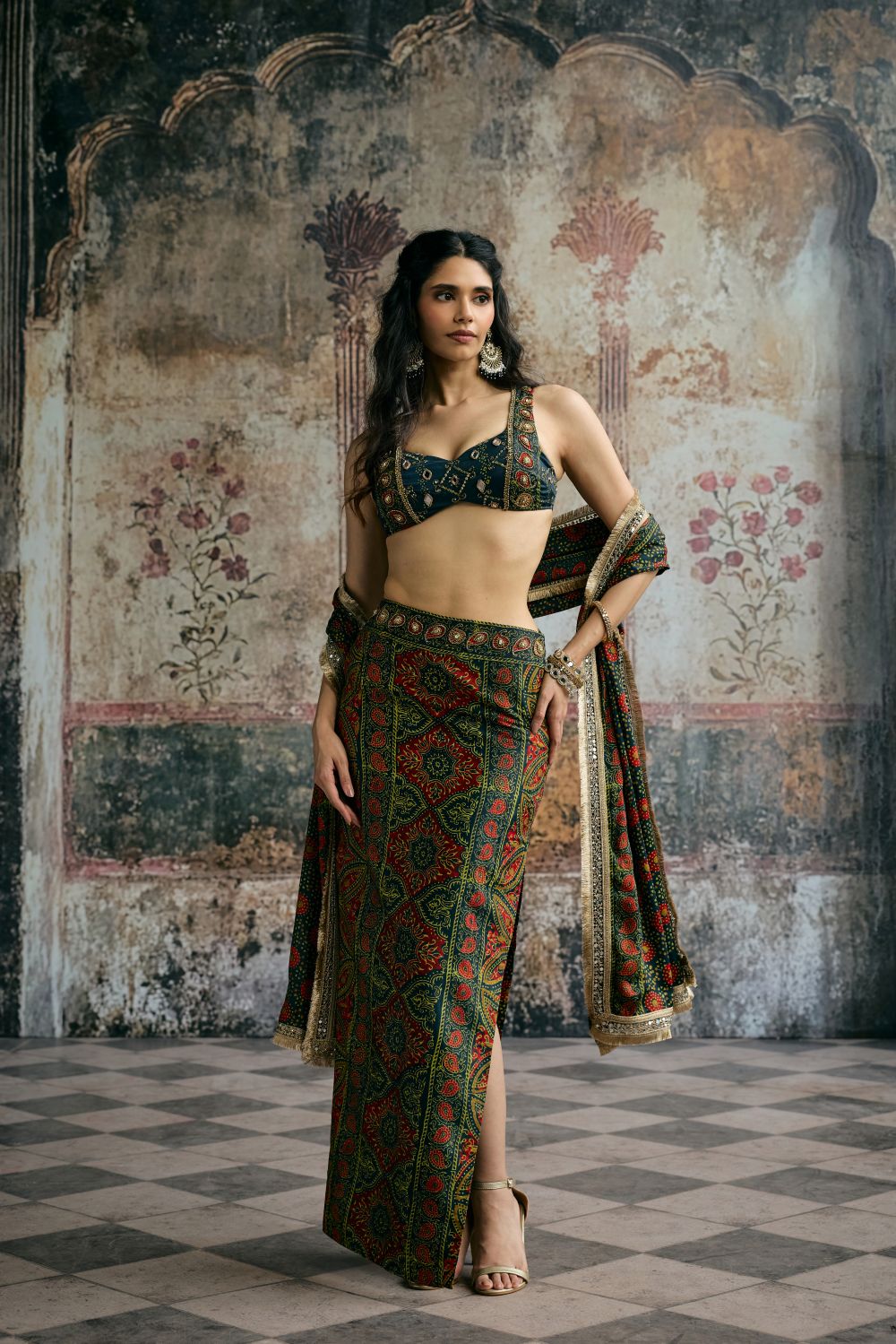 Kavya Green Ajrakh Hand Embroidered Coord Set