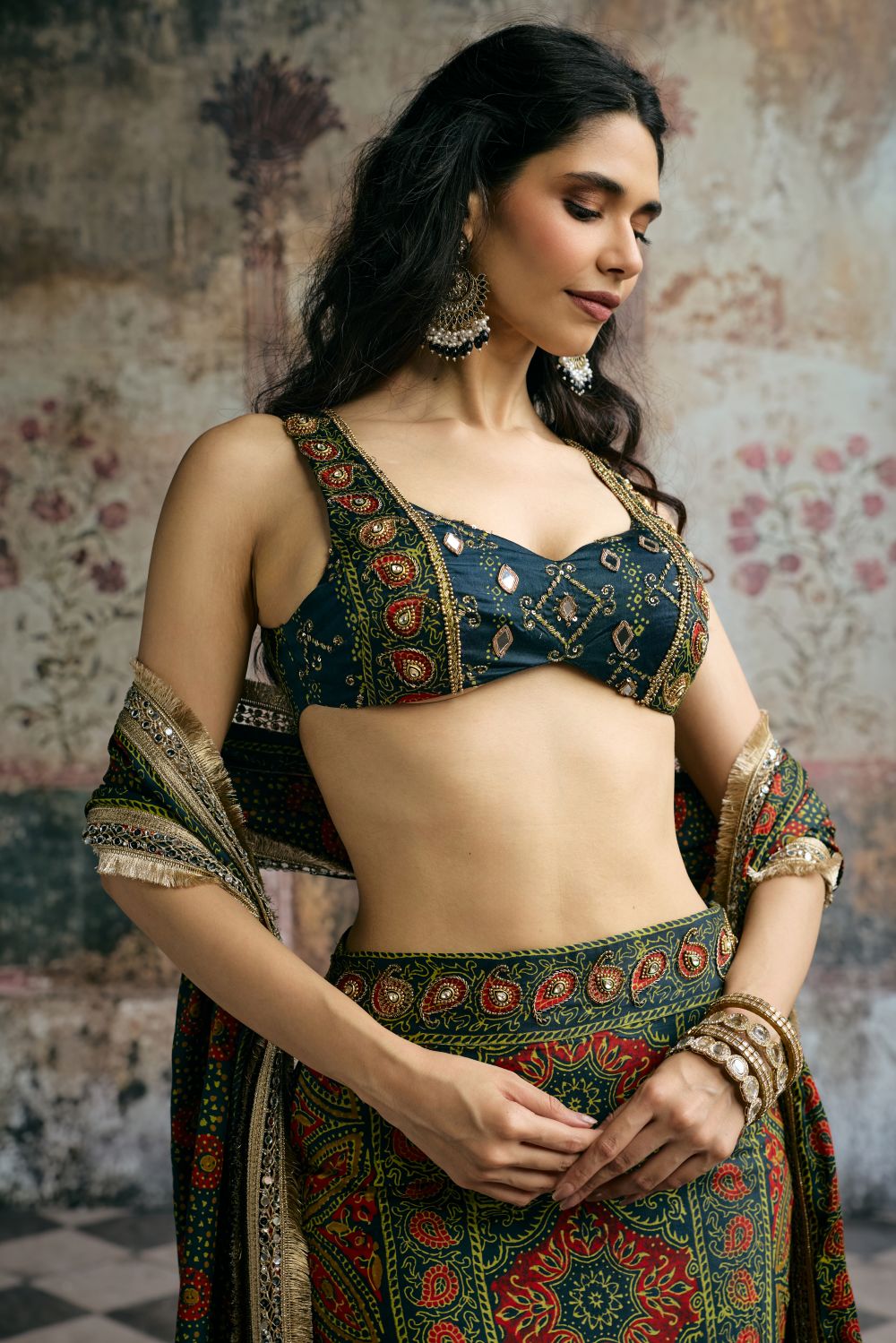 Kavya Green Ajrakh Hand Embroidered Coord Set