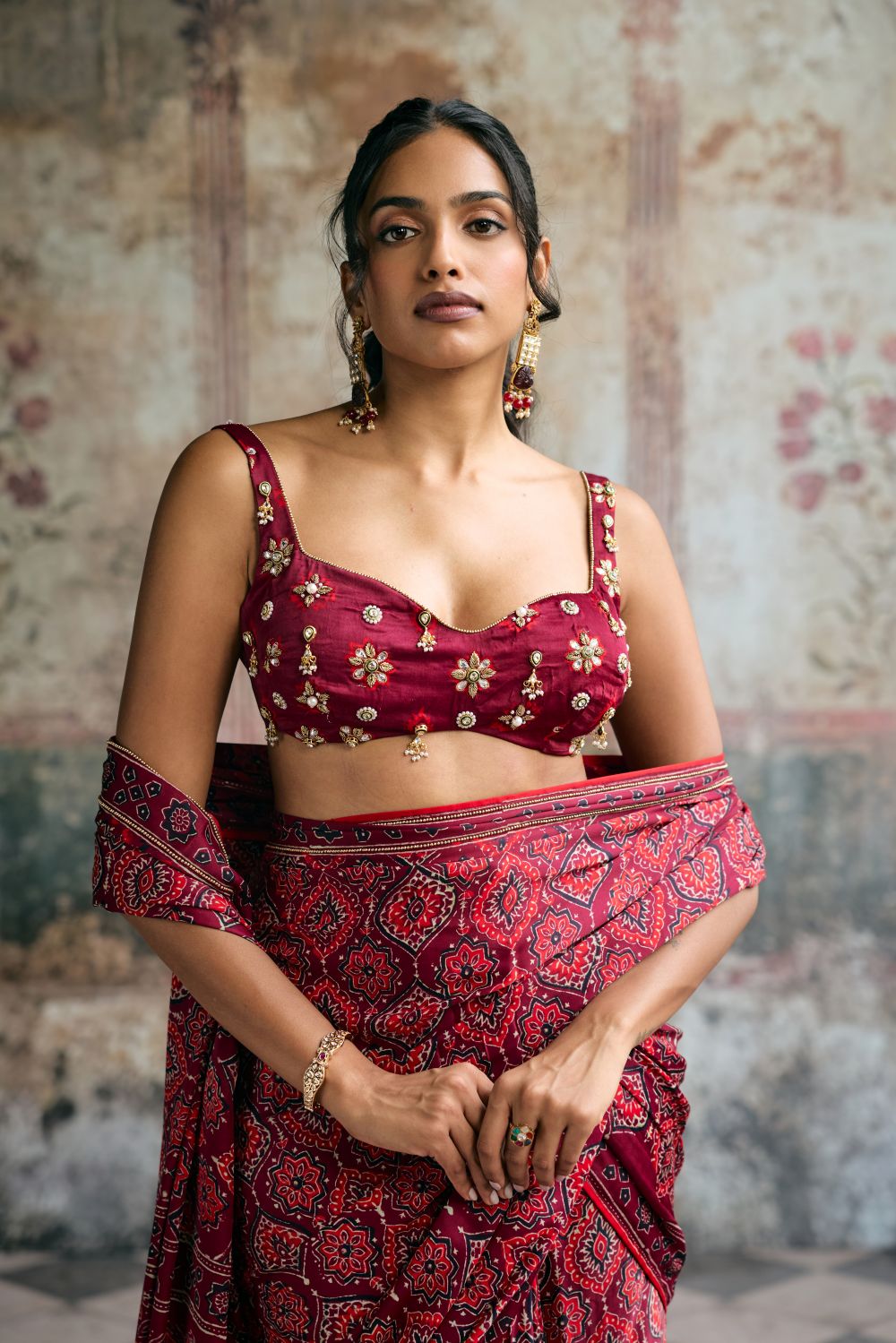 Meira Ajrakh Print Embroidered Pre-Draped Saree Set