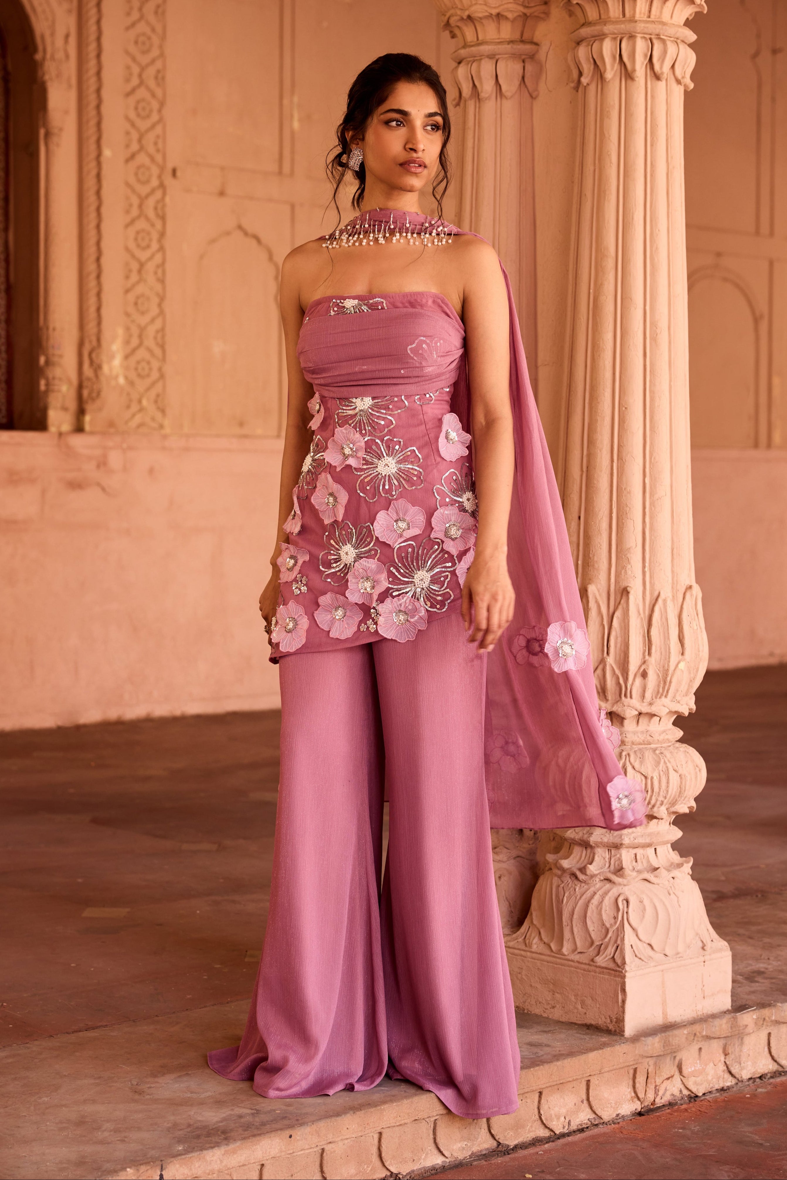 Nakhat Pink 3D Flower Embroidered Sleeveless Sharara Set