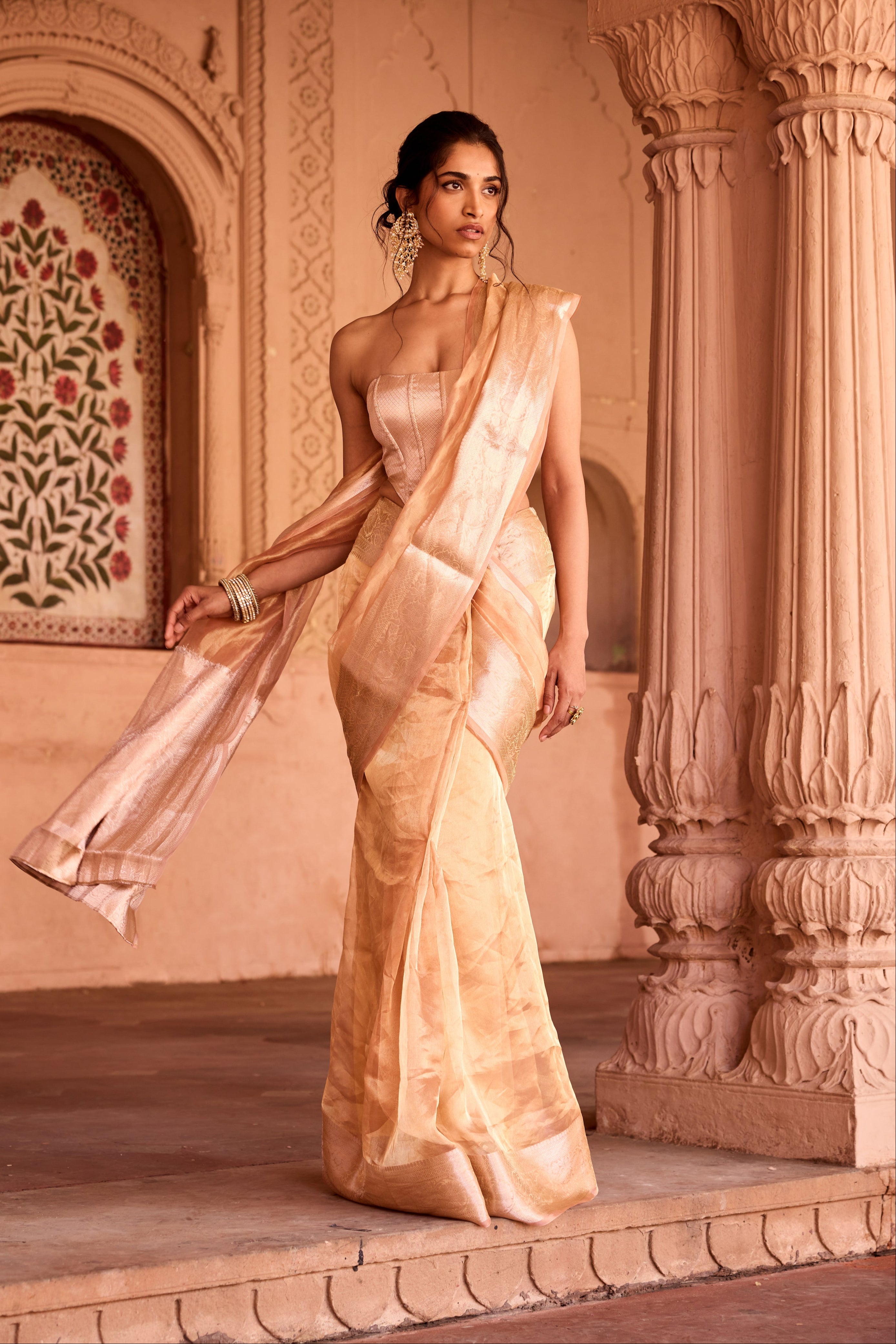 Suhaila Gold Tissue Pre-Draped Saree Set