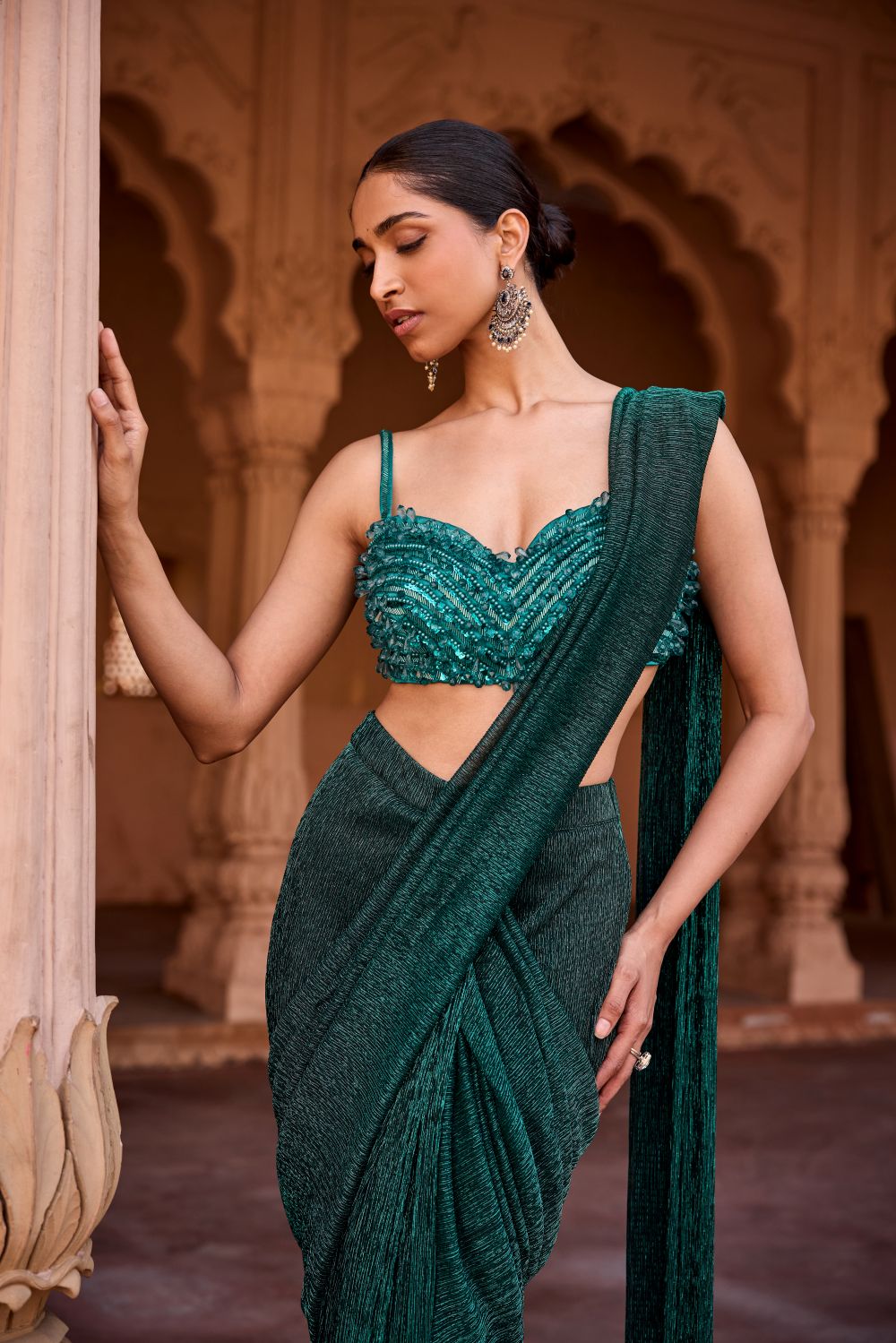 Aazina Emerald Green Pre-Stitched Saree