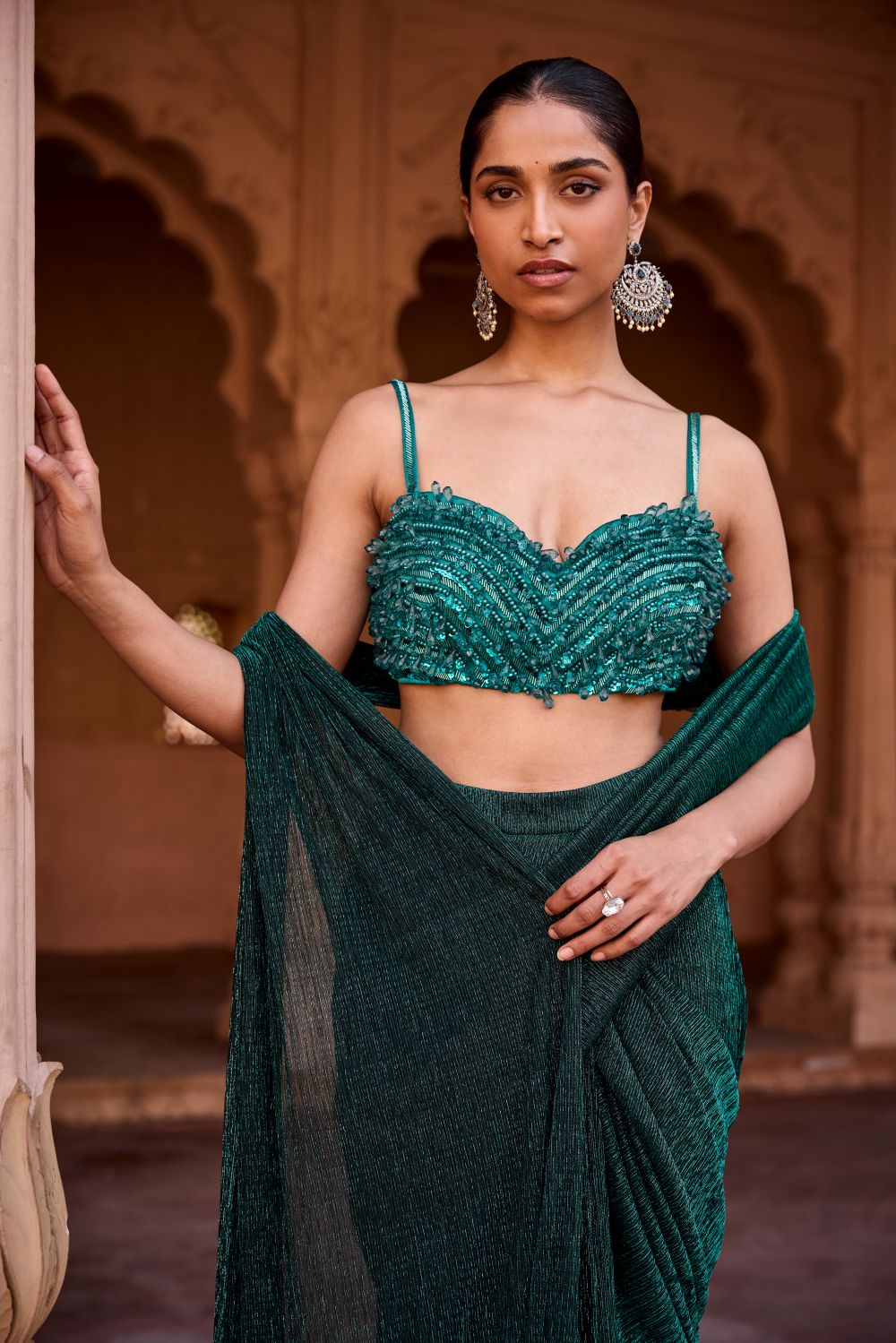 Aazina Emerald Green Pre-Stitched Saree
